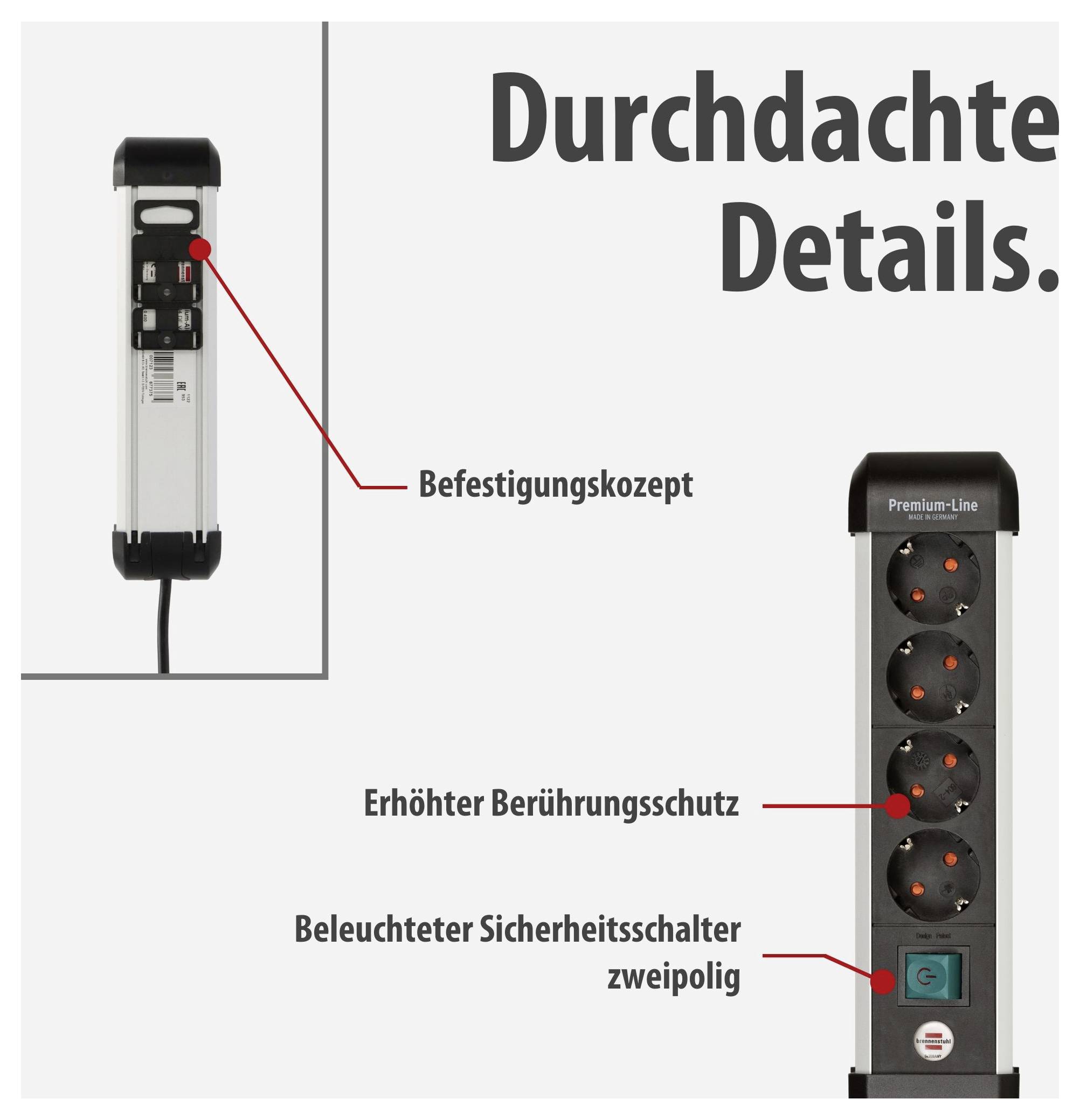 Werbegrafik einer Steckdosenleiste mit der Überschrift 'Durchdachte Details.': markierter Befestigungskonzept, erhöhter Berührungsschutz und beleuchteter zweipoliger Sicherheitsschalter.