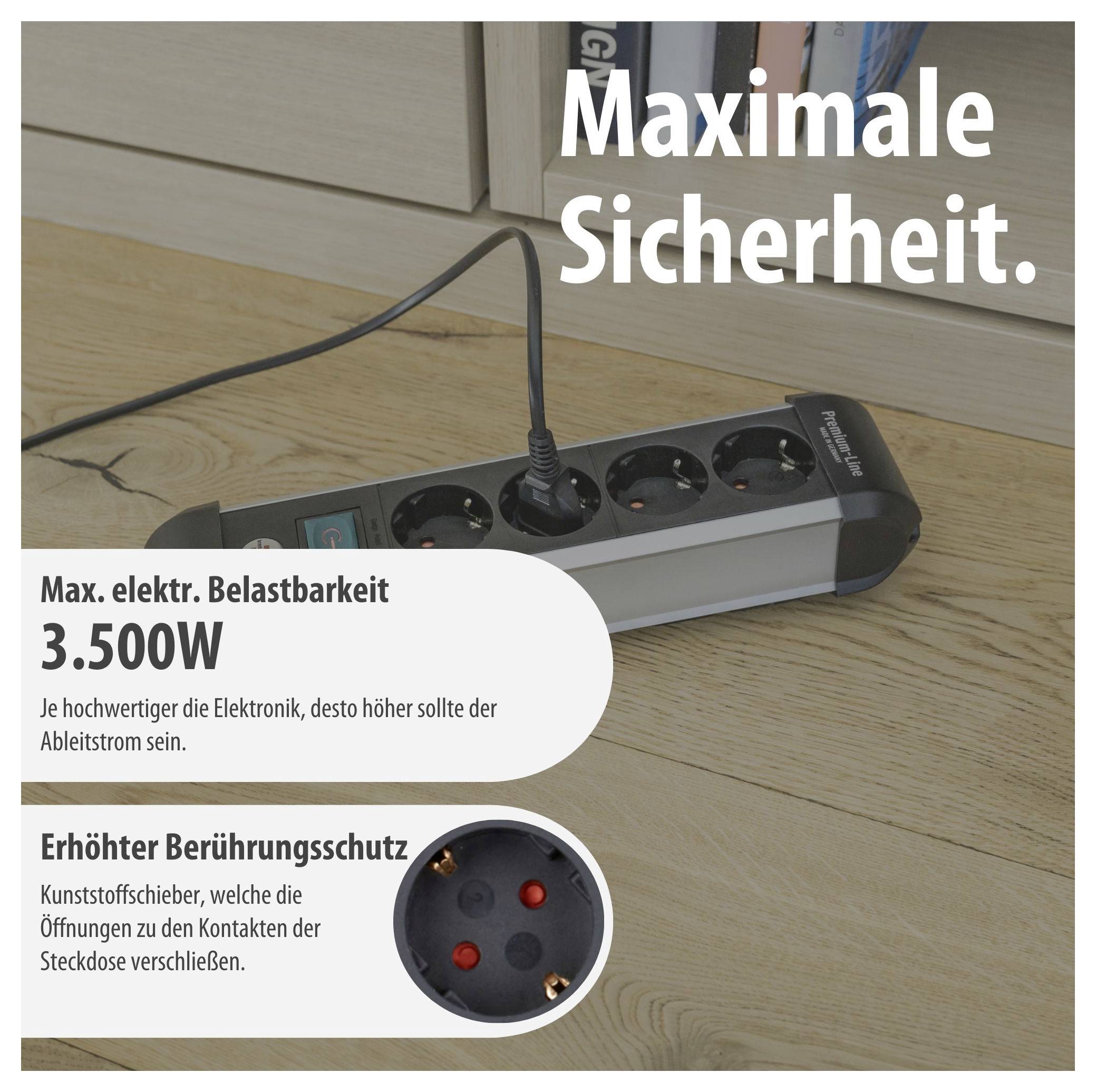 Werbegrafik einer Steckdosenleiste mit dem Text 'Maximale Sicherheit': maximale elektrische Belastbarkeit 3.500 W und erhöhter Berührungsschutz durch Kunststoffschieber.