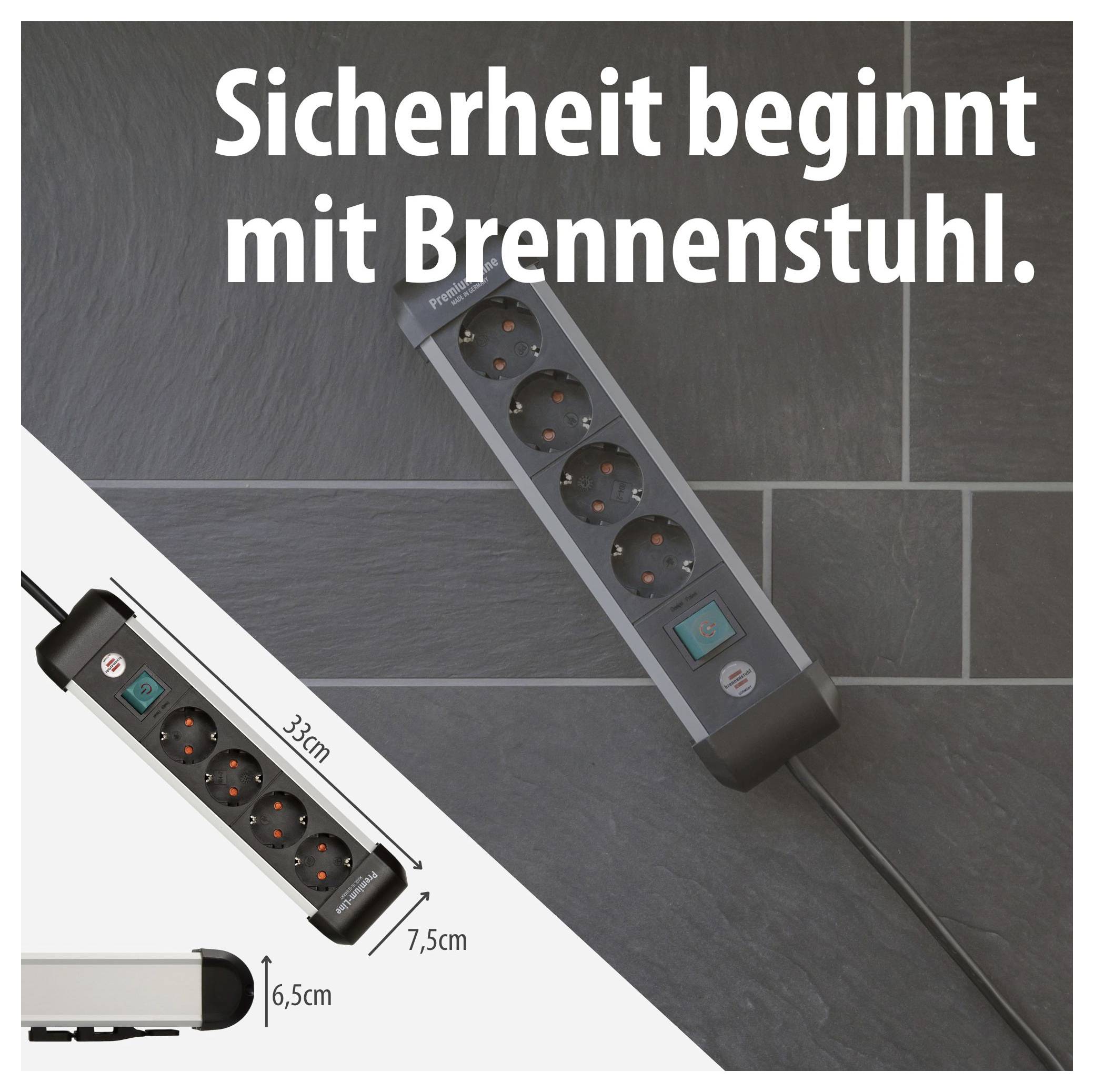 Werbegrafik einer Brennenstuhl-Steckdosenleiste: oben der Slogan 'Sicherheit beginnt mit Brennenstuhl.', unten Produktfoto mit vier Steckdosen und Schalter sowie Maßangaben 33 cm und 7,5 cm.