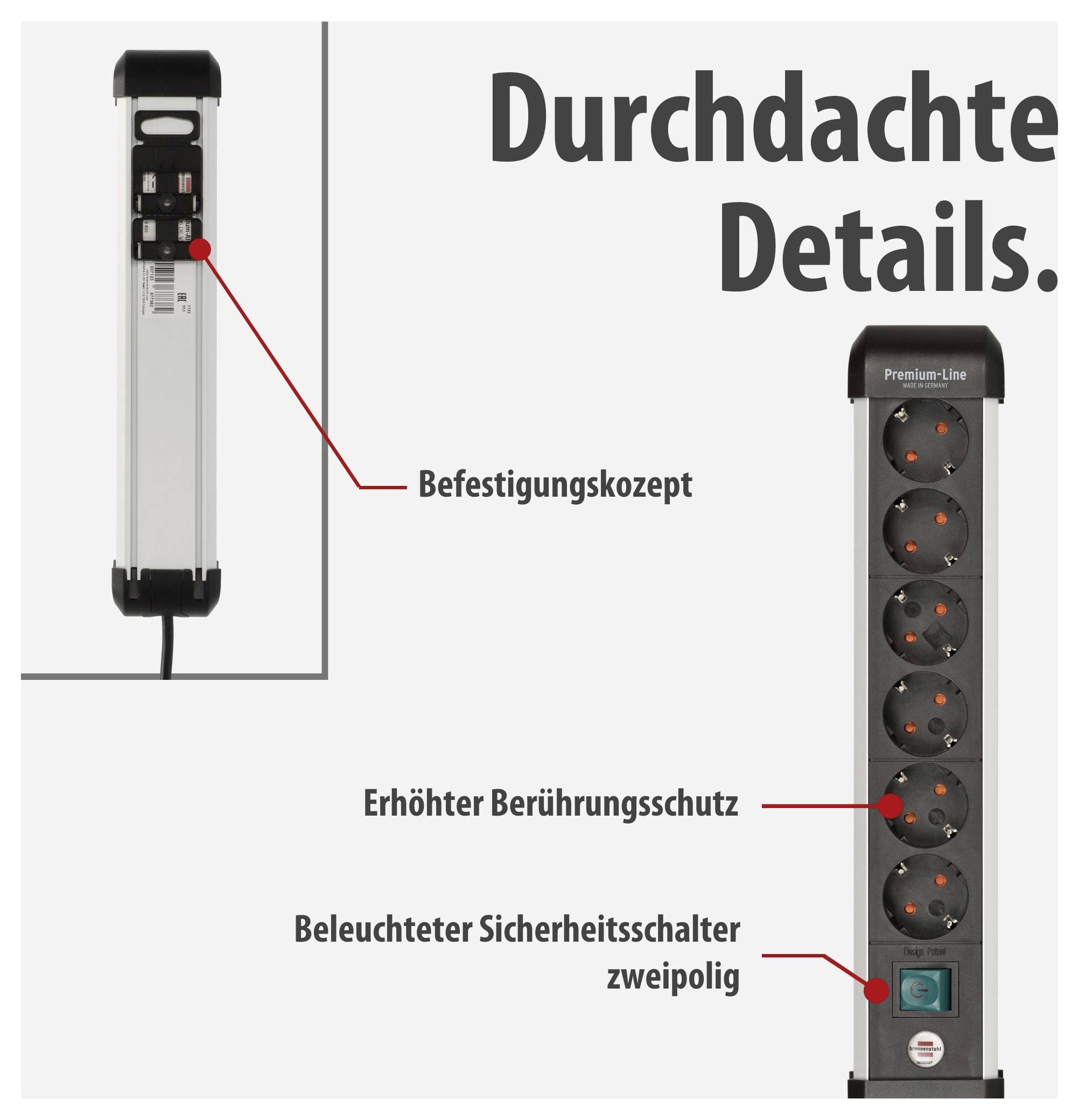 Werbegrafik einer Steckdosenleiste: links Befestigungskonzept, rechts Modell 'Premium-Line' mit erhöhter Berührungssicherheit und beleuchtetem zweipoligen Sicherheitsschalter.