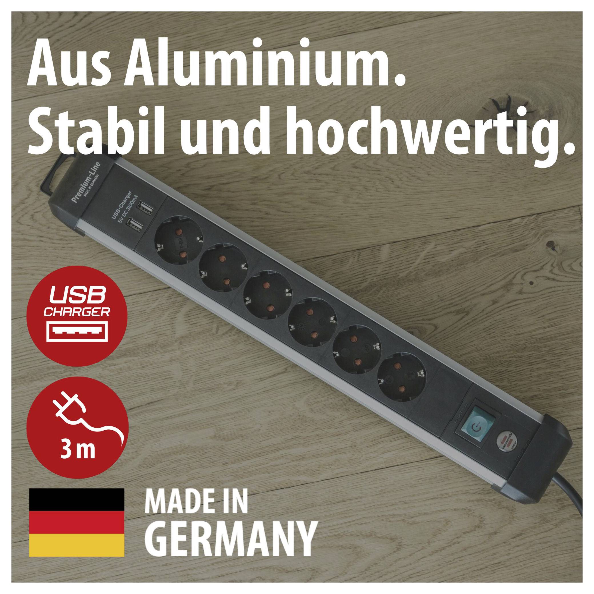 Aluminium-Steckdosenleiste mit USB-Ladeanschluss und 3-m-Kabel; Text: 'Aus Aluminium. Stabil und hochwertig.', 'Made in Germany'.