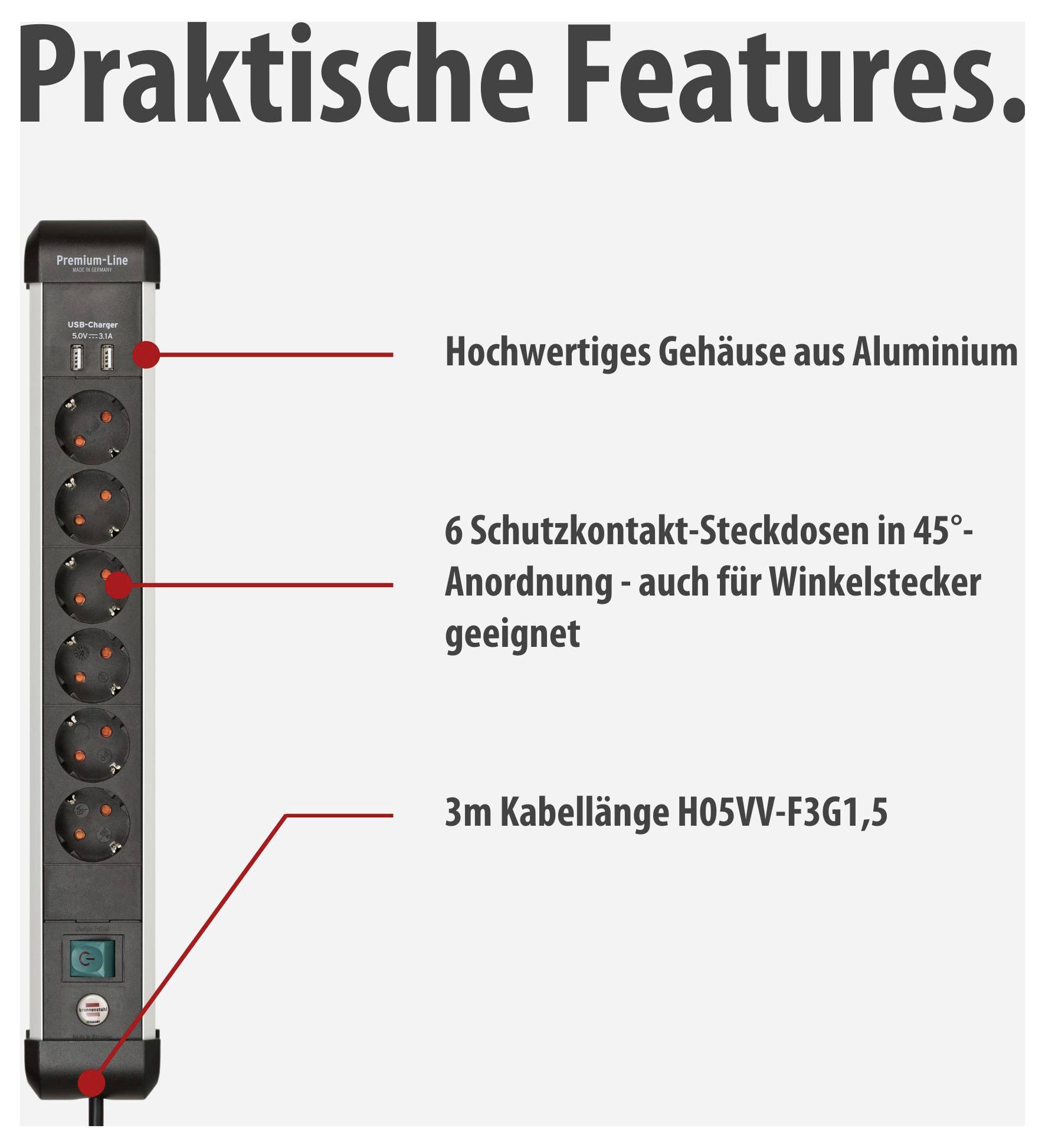 Werbung für Steckdosenleiste mit 'Praktische Features': Aluminiumgehäuse, 6 Schutzkontakt-Steckdosen in 45°-Anordnung und 3 m Kabellänge.
