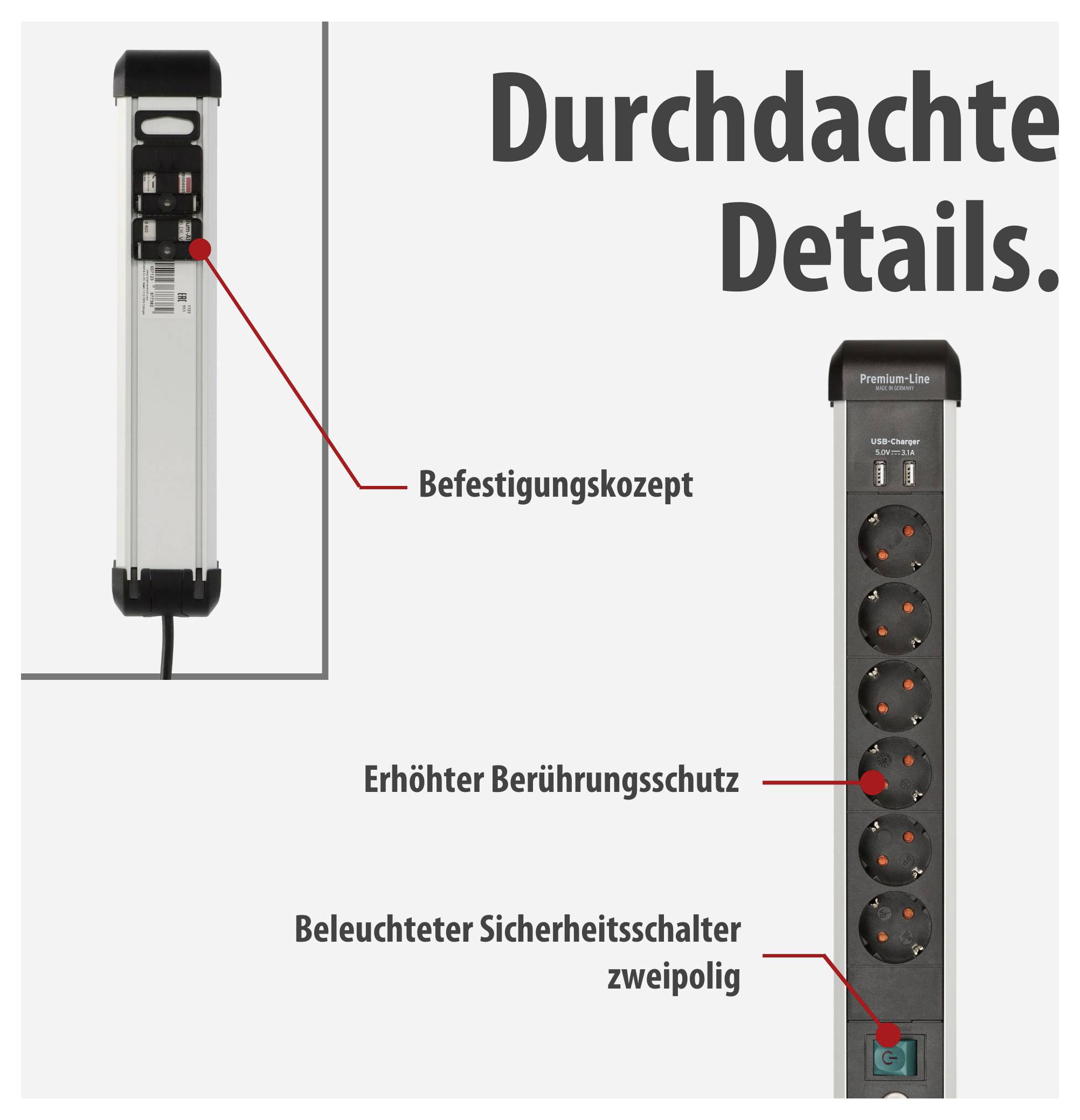 Produktwerbung für eine Steckdosenleiste mit hervorgehobenen Details: Befestigungskonzept, erhöhter Berührungsschutz und beleuchteter zweipoliger Sicherheitsschalter.