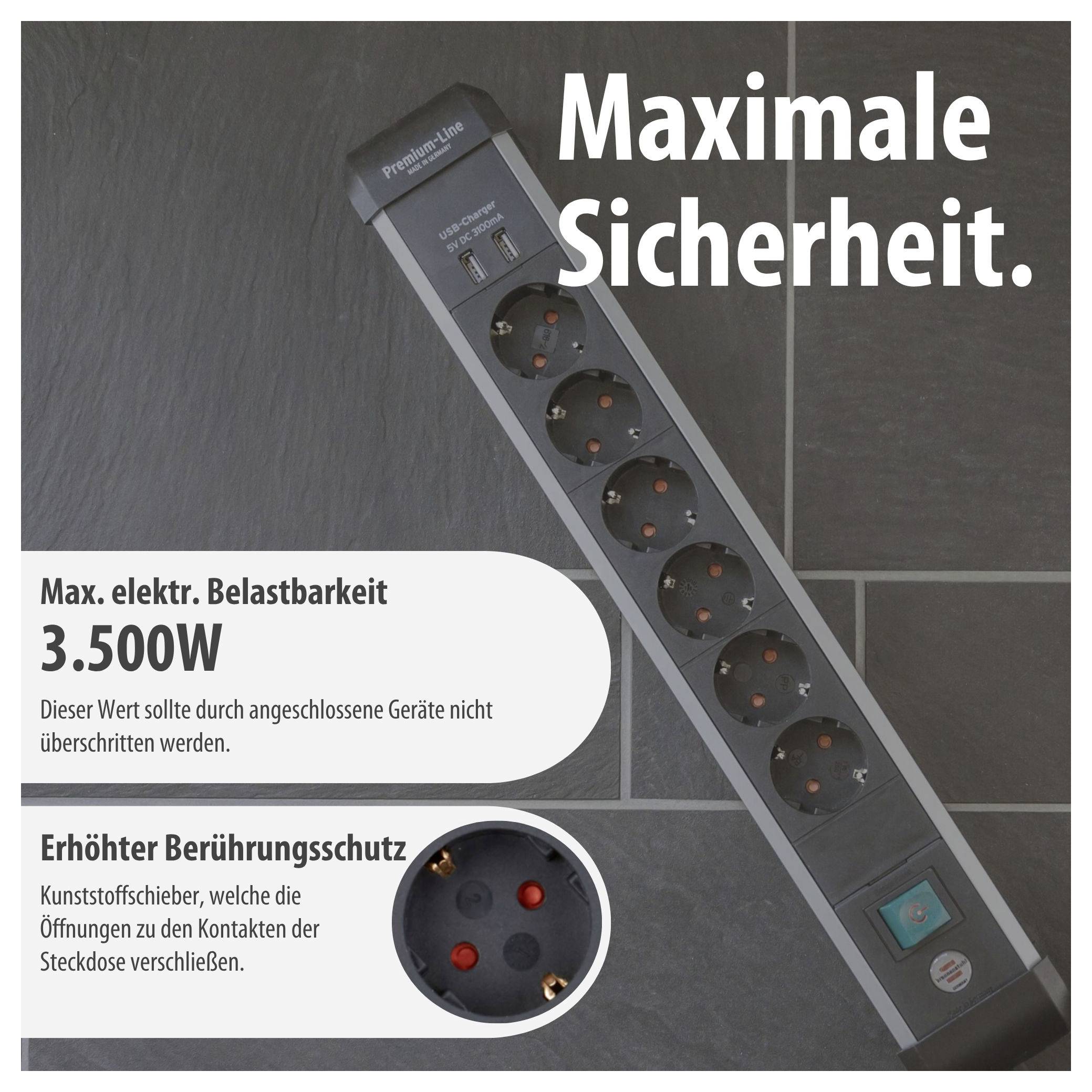Werbeplakat einer Steckdosenleiste mit dem Slogan 'Maximale Sicherheit.'; hervorgehoben sind 3.500 W Belastbarkeit und erhöhter Berührungsschutz.