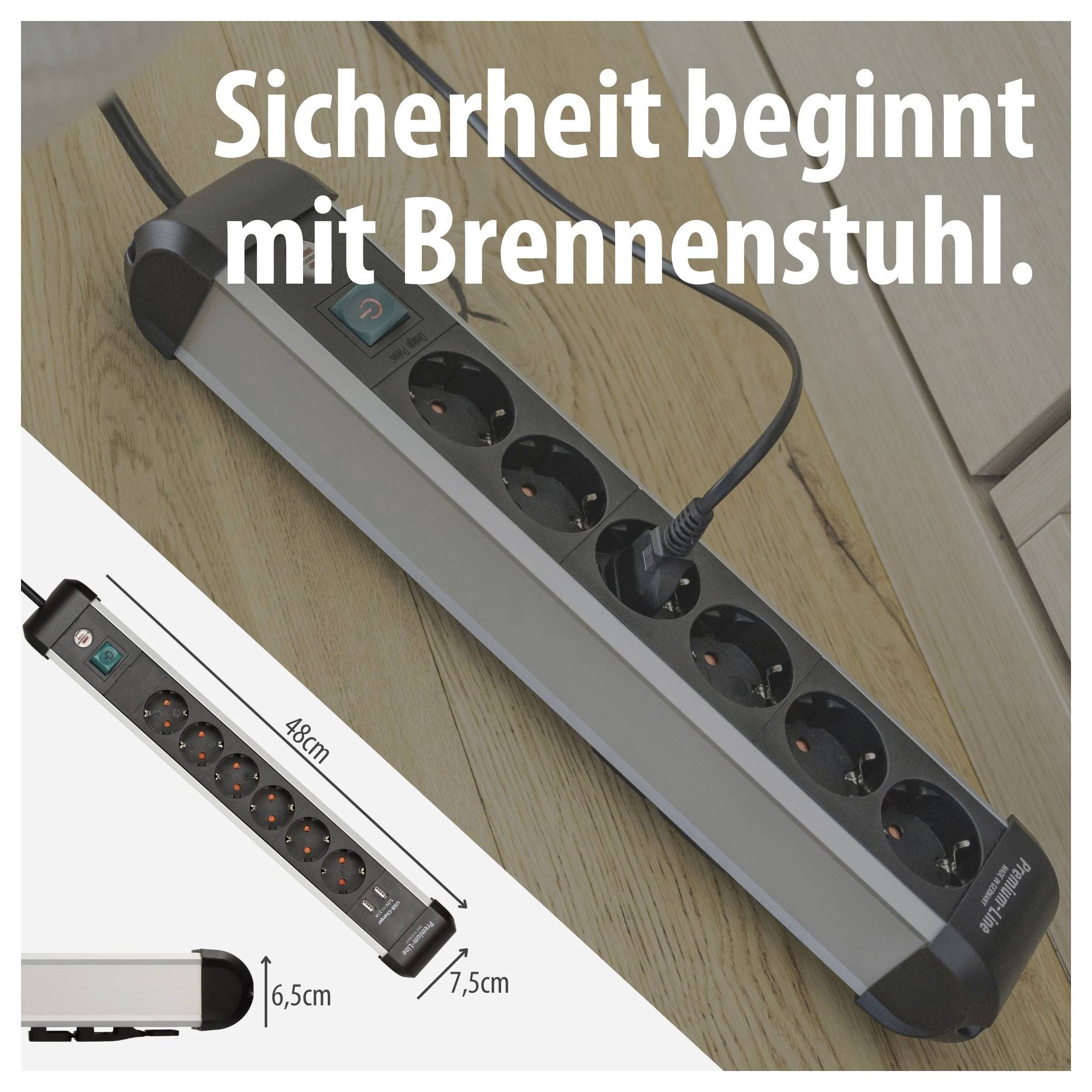 Mehrfachsteckdose von Brennenstuhl mit Ein-/Ausschalter und Kabellänge im Raum; Werbetext: 'Sicherheit beginnt mit Brennenstuhl.'