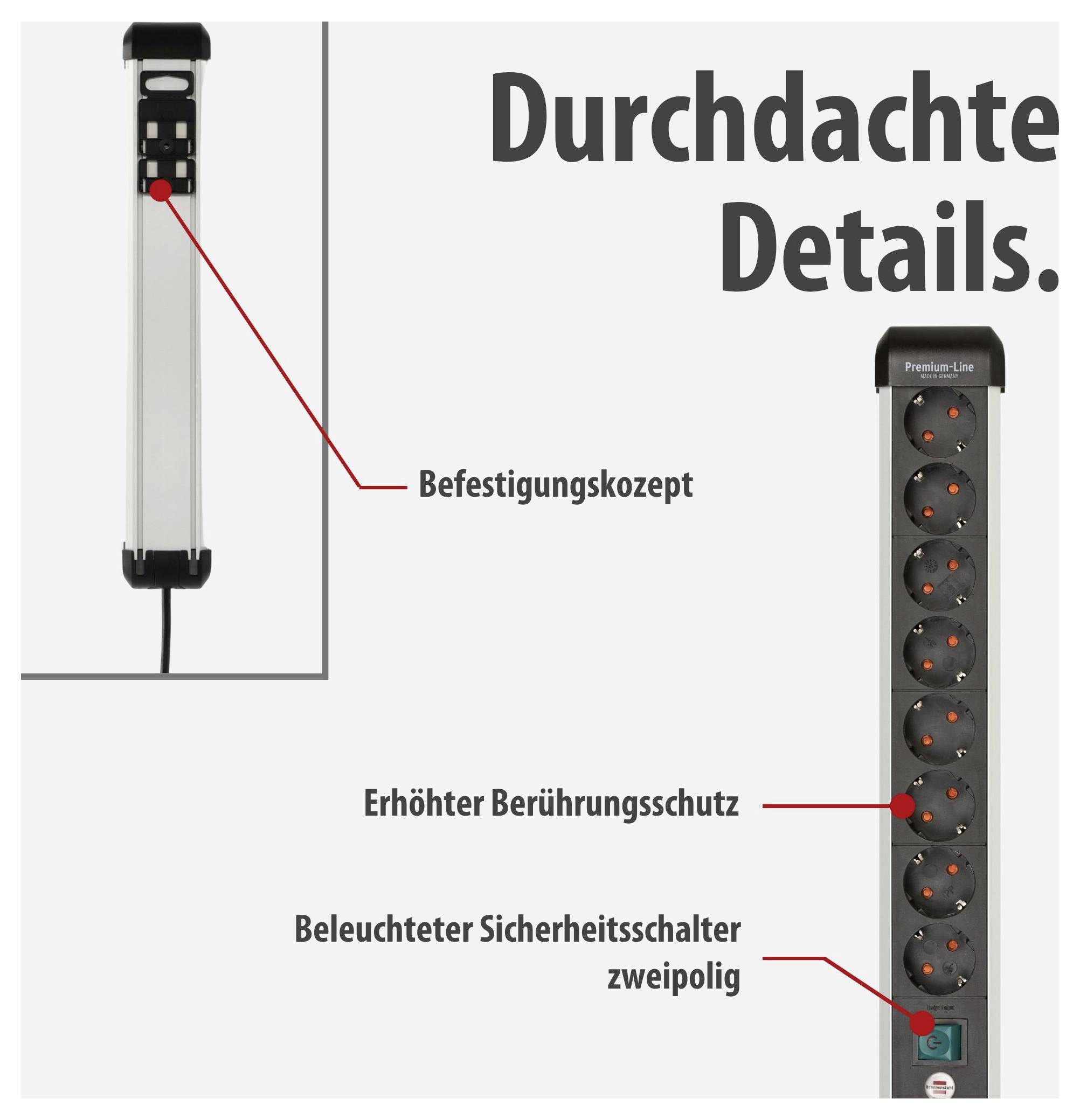 Produktgrafik einer Steckdosenleiste mit dem Titel 'Durchdachte Details.'; markiert sind Befestigungskonzept, erhöhter Berührungsschutz und beleuchteter zweipoliger Sicherheitsschalter.