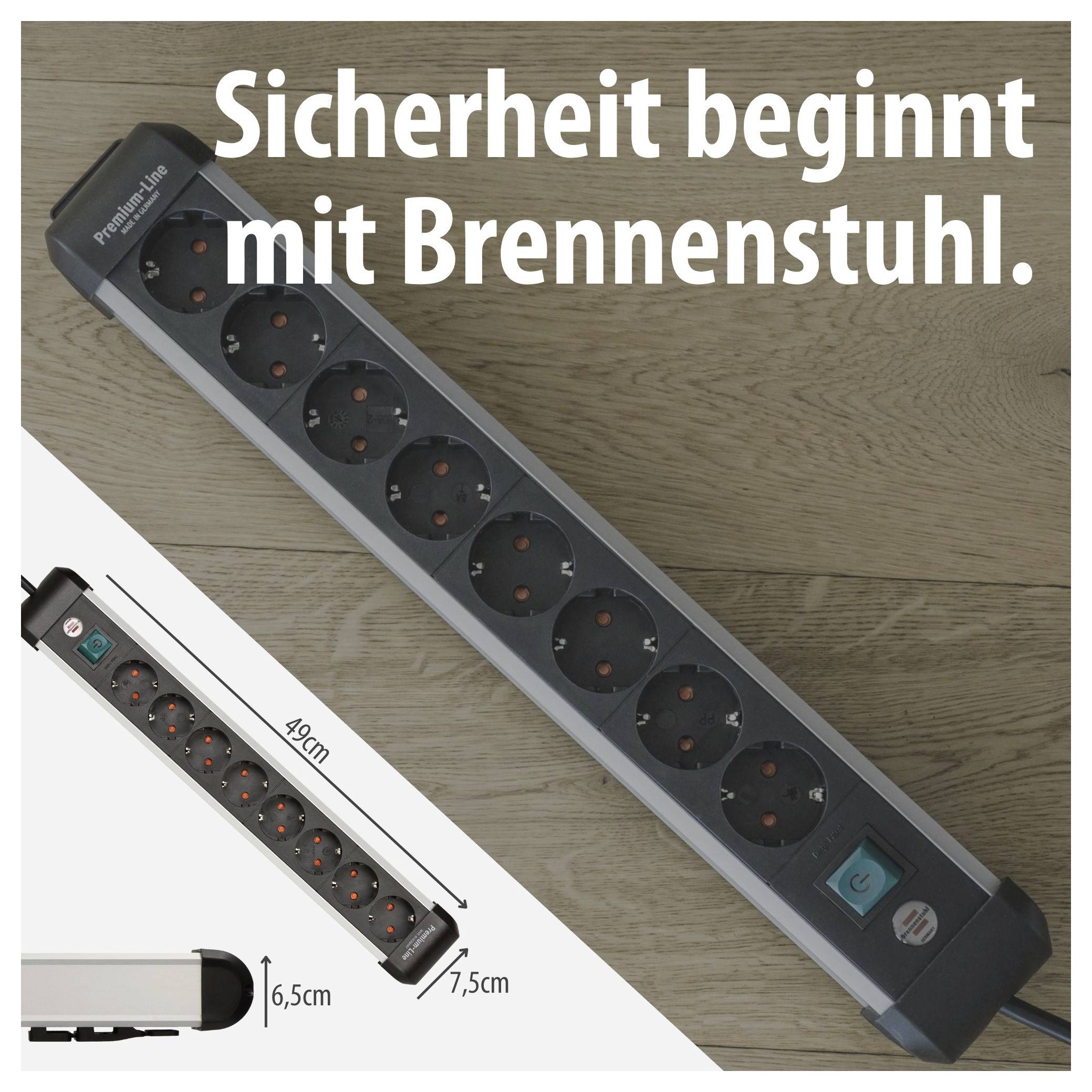 Werbung für eine Brennenstuhl-Steckdosenleiste mit dem Text 'Sicherheit beginnt mit Brennenstuhl.'; zeigt die Leiste auf Holzboden und als Maßzeichnung mit 49 cm, 6,5 cm und 7,5 cm.
