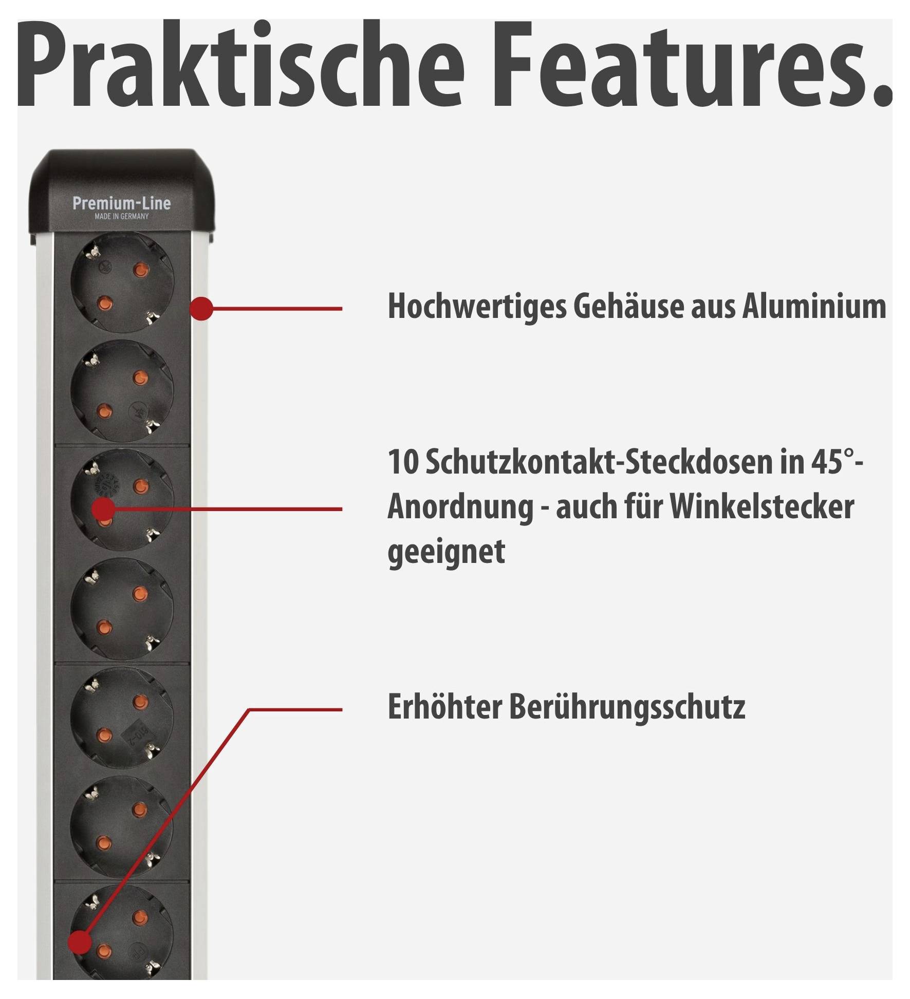 Werbegrafik einer Steckdosenleiste mit Titel 'Praktische Features.': Aluminiumgehäuse, 10 Schutzkontakt-Steckdosen in 45°-Anordnung und erhöhter Berührungsschutz.