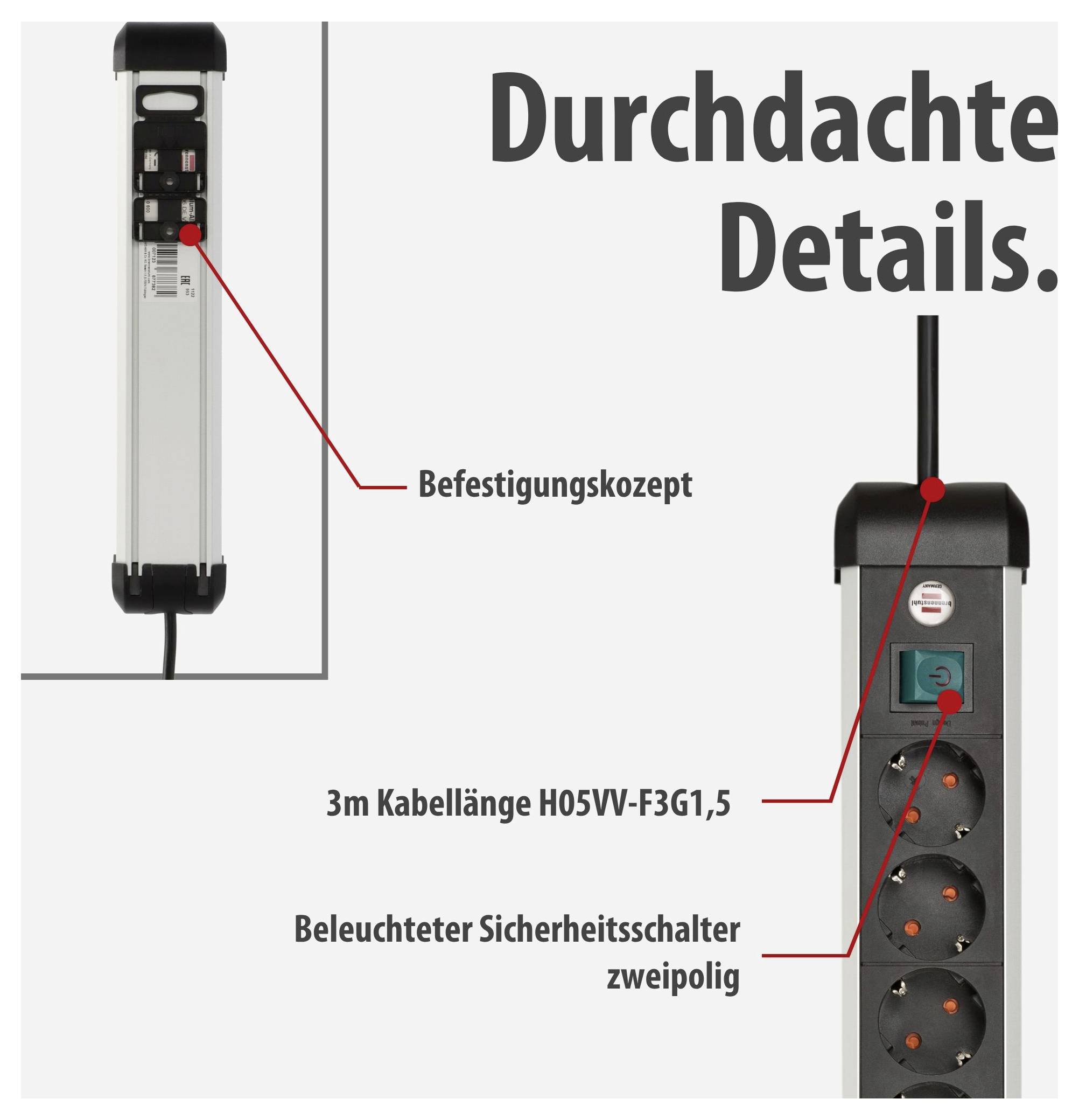 Produktsteckdosenleiste mit 'Durchdachte Details': Befestigungskonzept, 3 m Kabel H05VV-F3G1,5 und beleuchteter zweipoliger Sicherheitsschalter.
