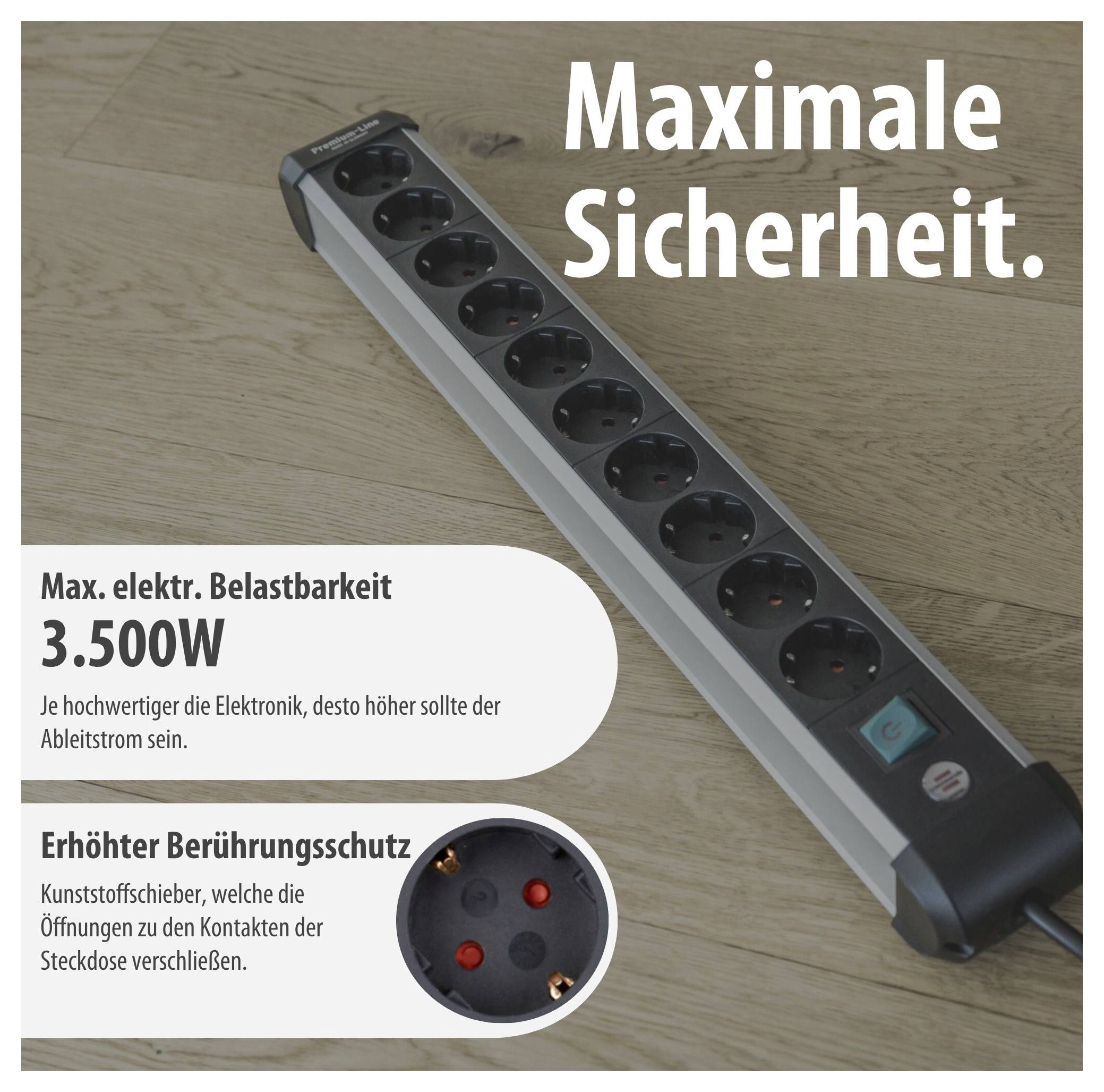 Werbung für Steckdosenleiste: 'Maximale Sicherheit', max. elektrische Belastbarkeit 3.500W, erhöhter Berührungsschutz durch Kindersicherungen.