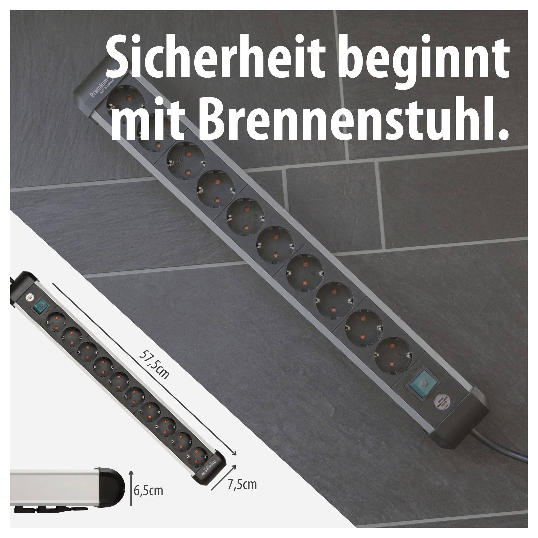 Werbeabbildung einer schwarzen Mehrfachsteckdose von Brennenstuhl auf dem Boden; Text: 'Sicherheit beginnt mit Brennenstuhl.' Maße 57,5 cm, 7,5 cm, 6,5 cm.