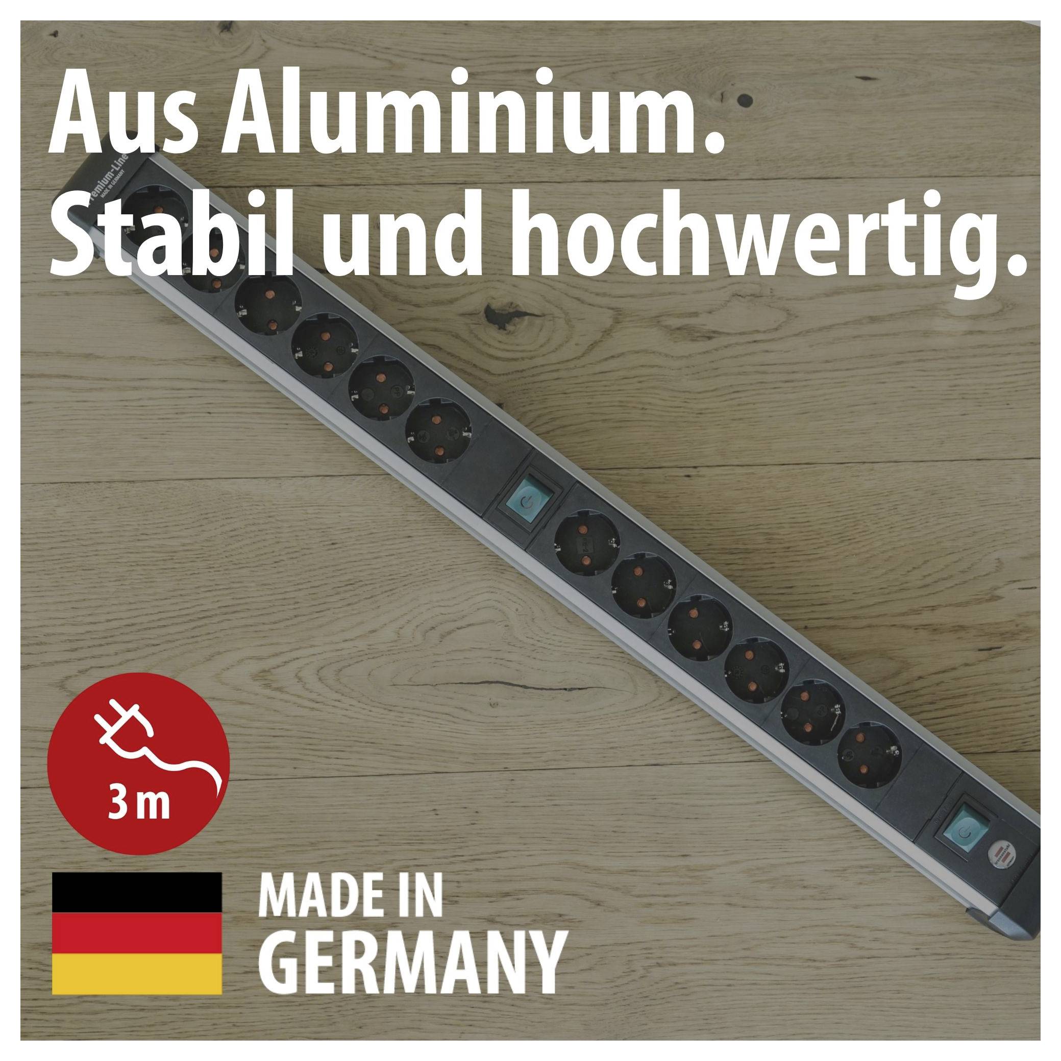 Werbebild einer Aluminium-Steckdosenleiste auf Holzboden mit Text 'Aus Aluminium. Stabil und hochwertig.', '3 m' und 'Made in Germany'.