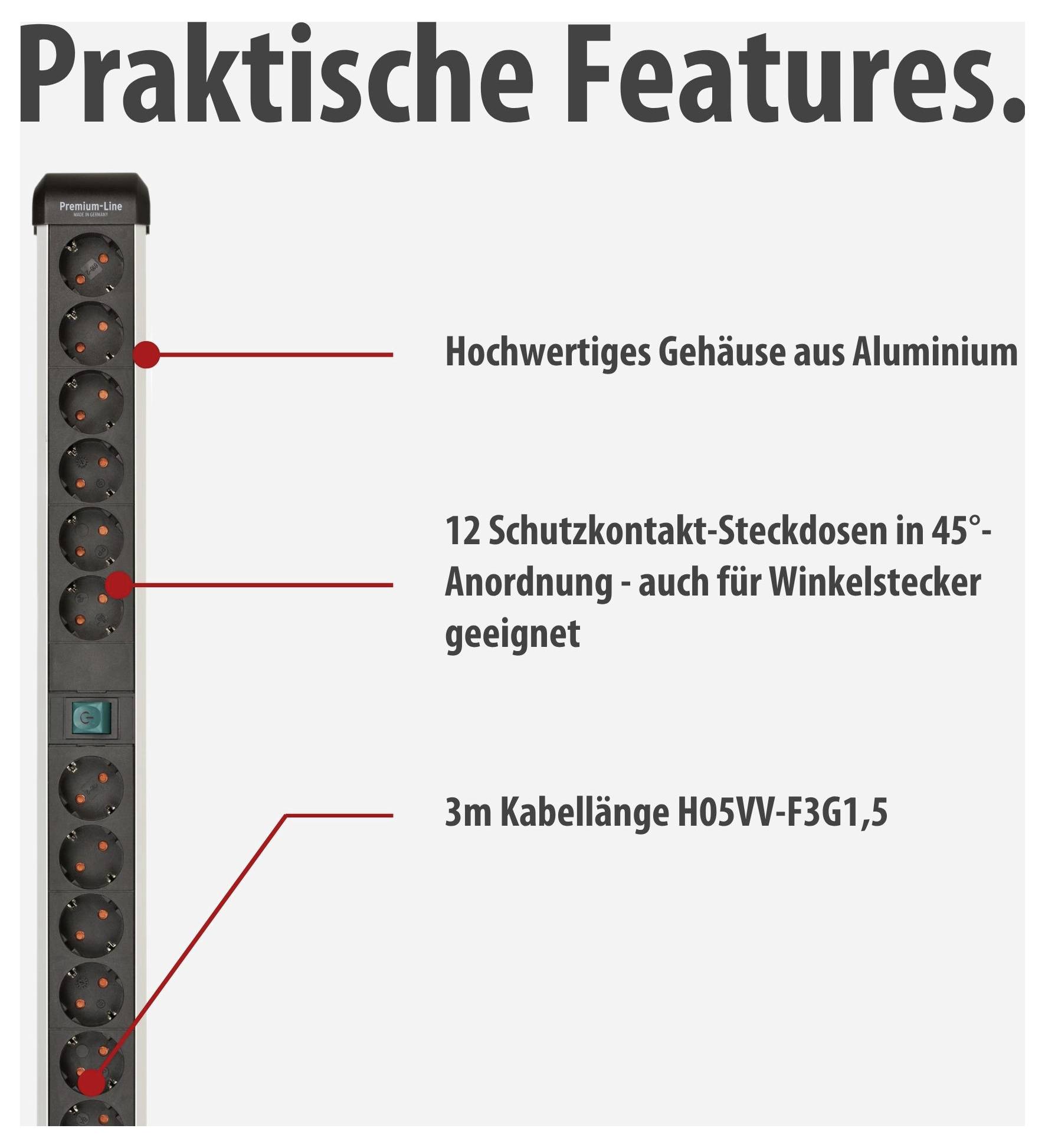 Werbegrafik einer Steckdosenleiste mit 'Praktische Features': Aluminiumgehäuse, 12 Schutzkontakt-Steckdosen in 45°-Anordnung und 3 m H05VV-F3G1,5-Kabel.