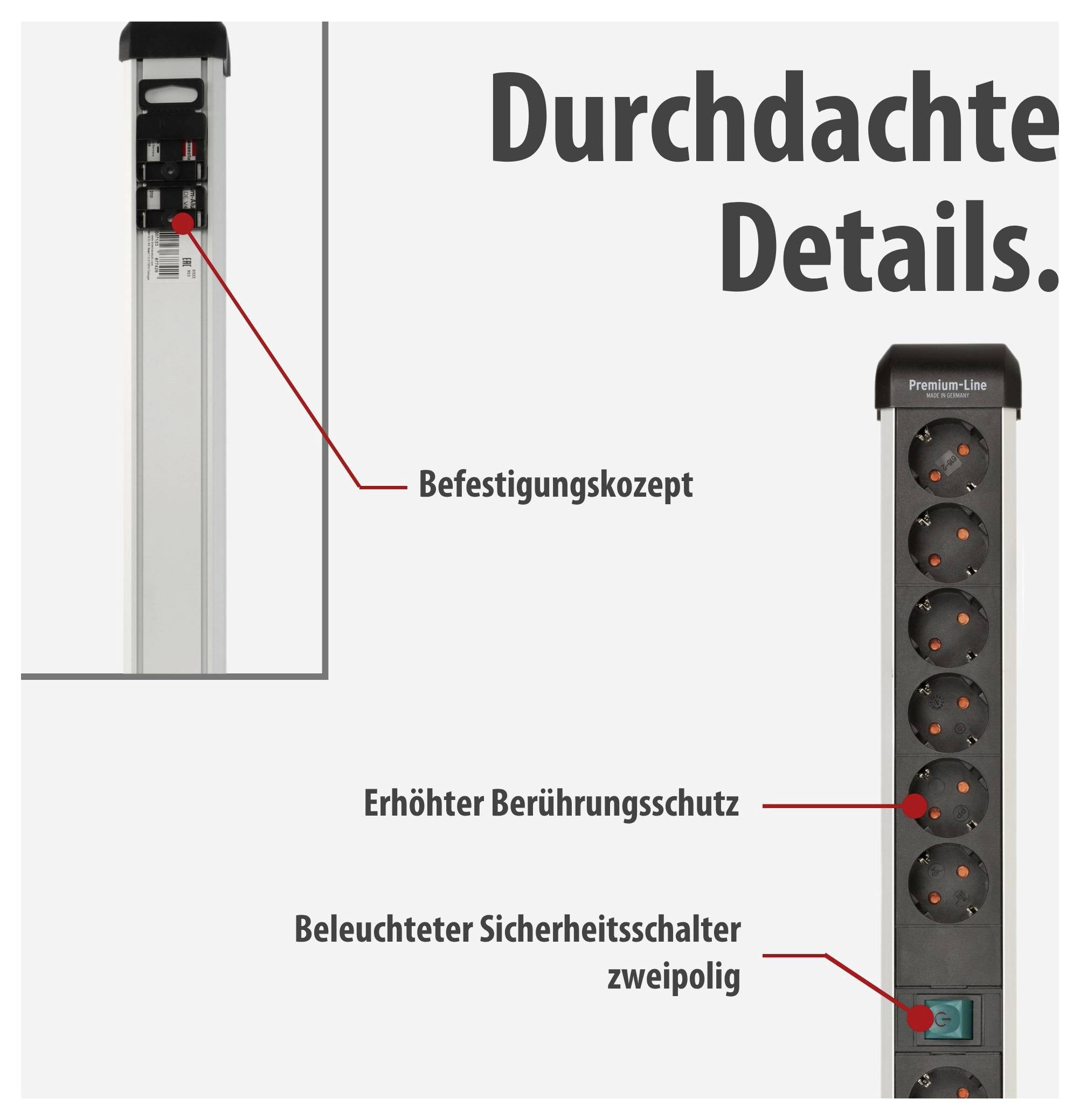 Werbung für eine Steckdosenleiste: Titel 'Durchdachte Details.'; hervorgehoben sind Befestigungskonzept, erhöhter Berührungsschutz und beleuchteter Sicherheitsschalter.