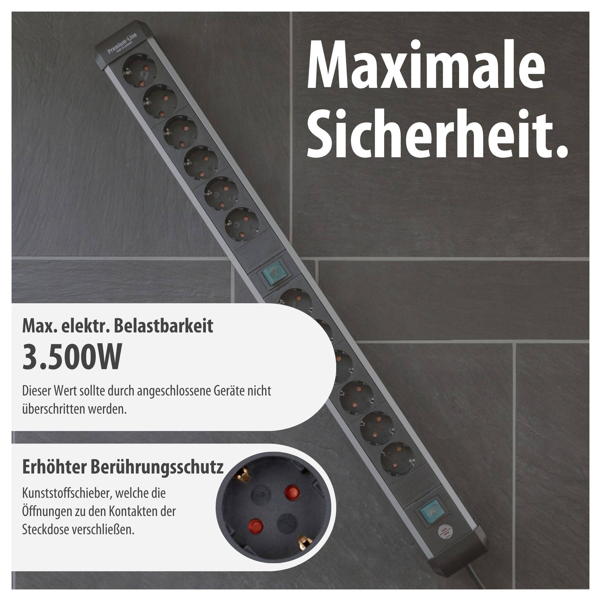Werbung für eine Steckdosenleiste: 'Maximale Sicherheit', maximale elektrische Belastbarkeit 3.500 W und erhöhter Berührungsschutz durch Kunststoffschieber.