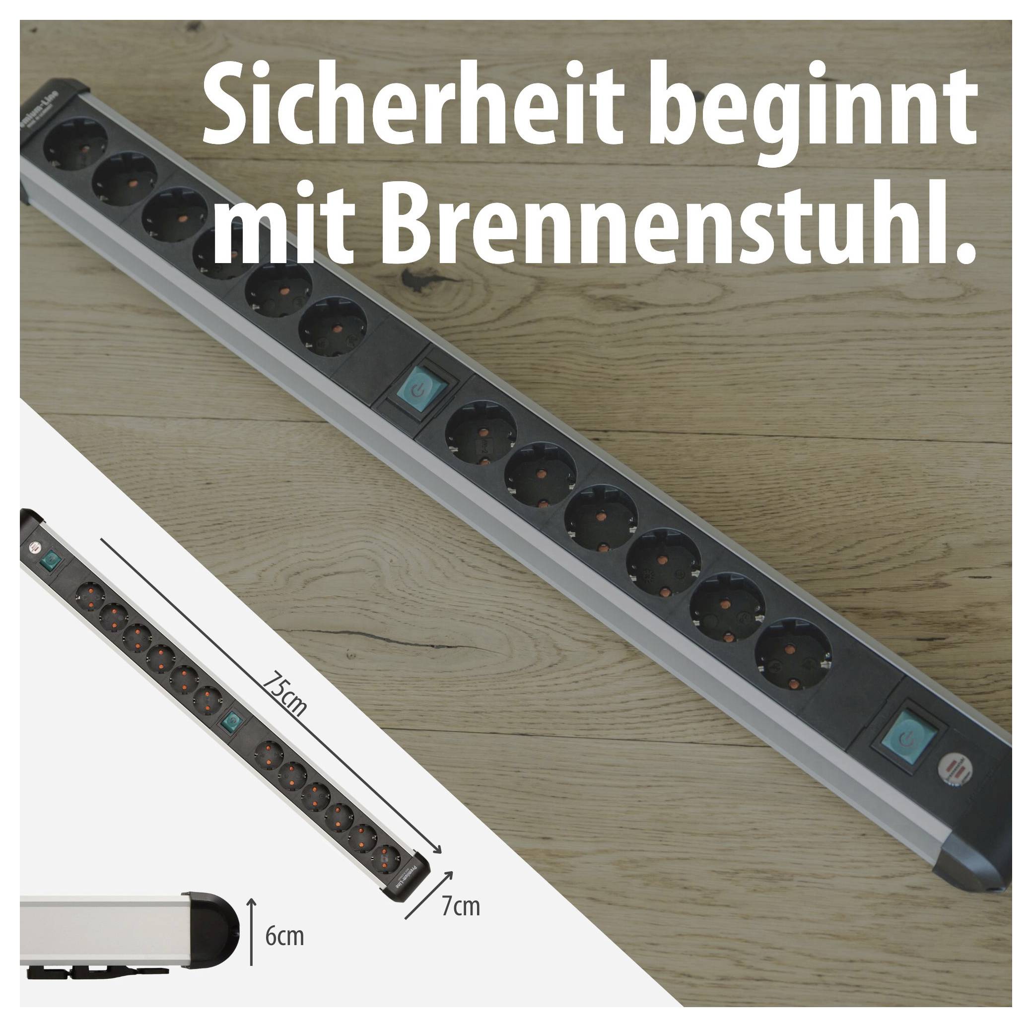 Mehrfachsteckdose Brennenstuhl mit 10 Steckplätzen auf Holzgrund; Text: 'Sicherheit beginnt mit Brennenstuhl.'; zusätzlich Maßskizze mit 75 cm Länge, 7 cm Breite und 6 cm Höhe.