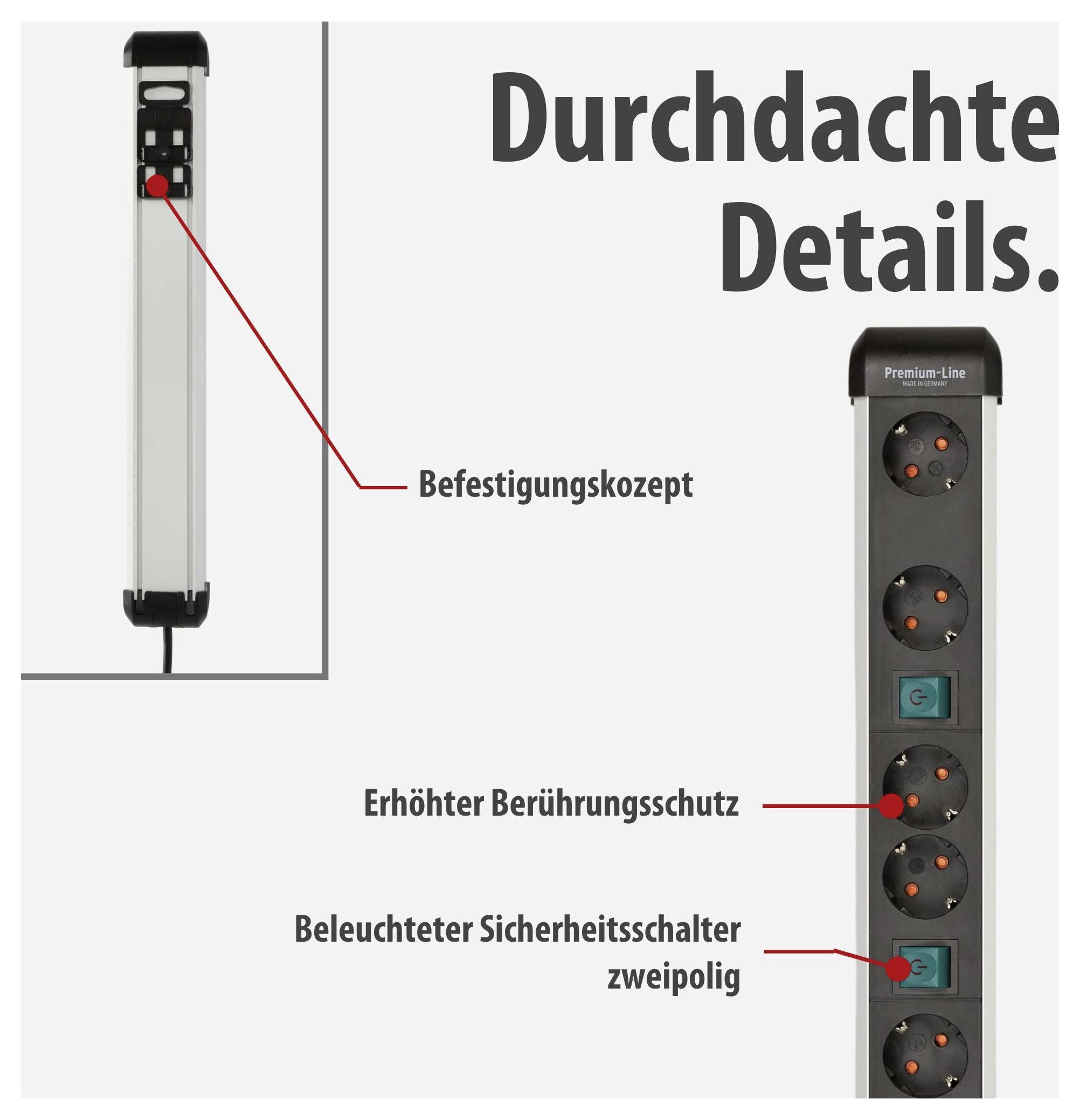 Werbegrafik einer Steckdosenleiste mit dem Titel 'Durchdachte Details': zeigt Befestigungskonzept, erhöhten Berührungsschutz und beleuchteten zweipoligen Sicherheitsschalter.