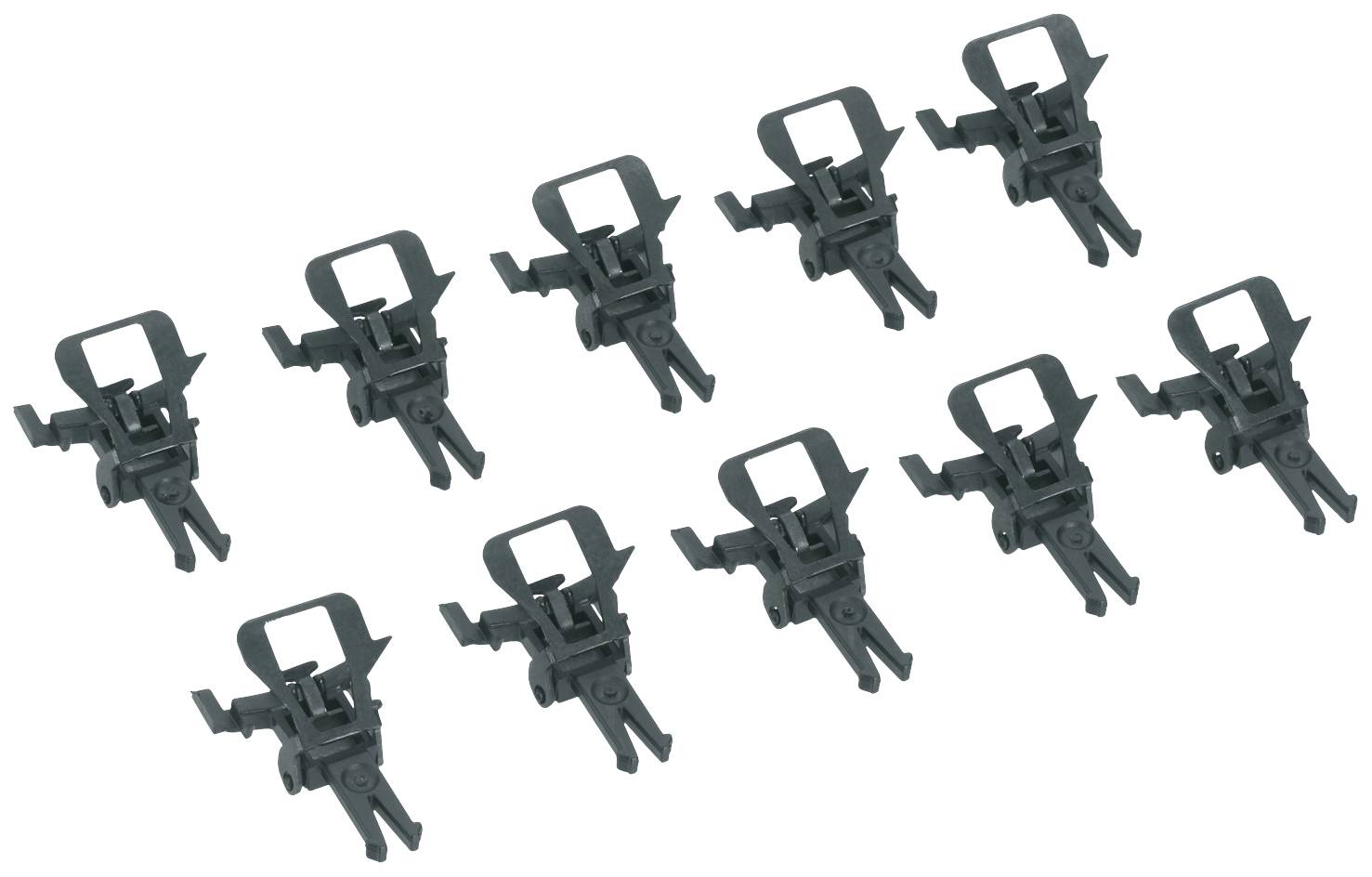 Zehn schwarze Clip-Halterungen aus Kunststoff, gleichmäßig verteilt. Sie sind klein und werden vermutlich zum Befestigen verwendet.