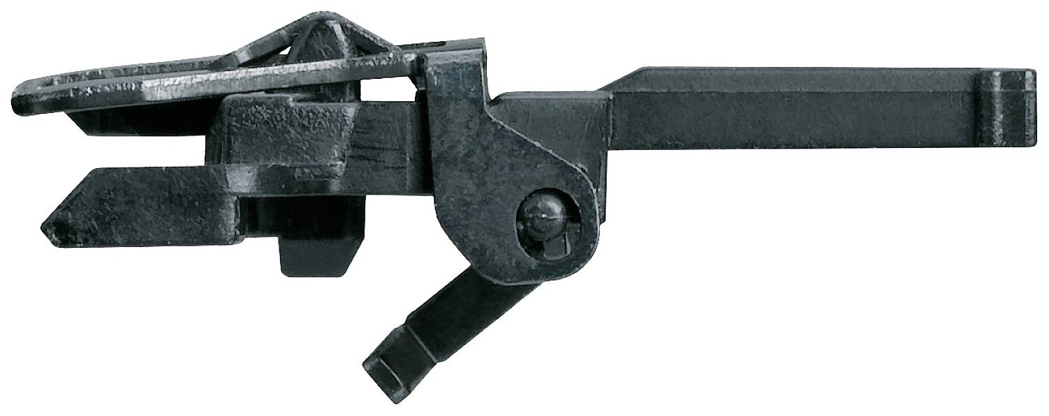 Metallmechanismus mit Hebel und Zahnrädern, seitlich dargestellt.