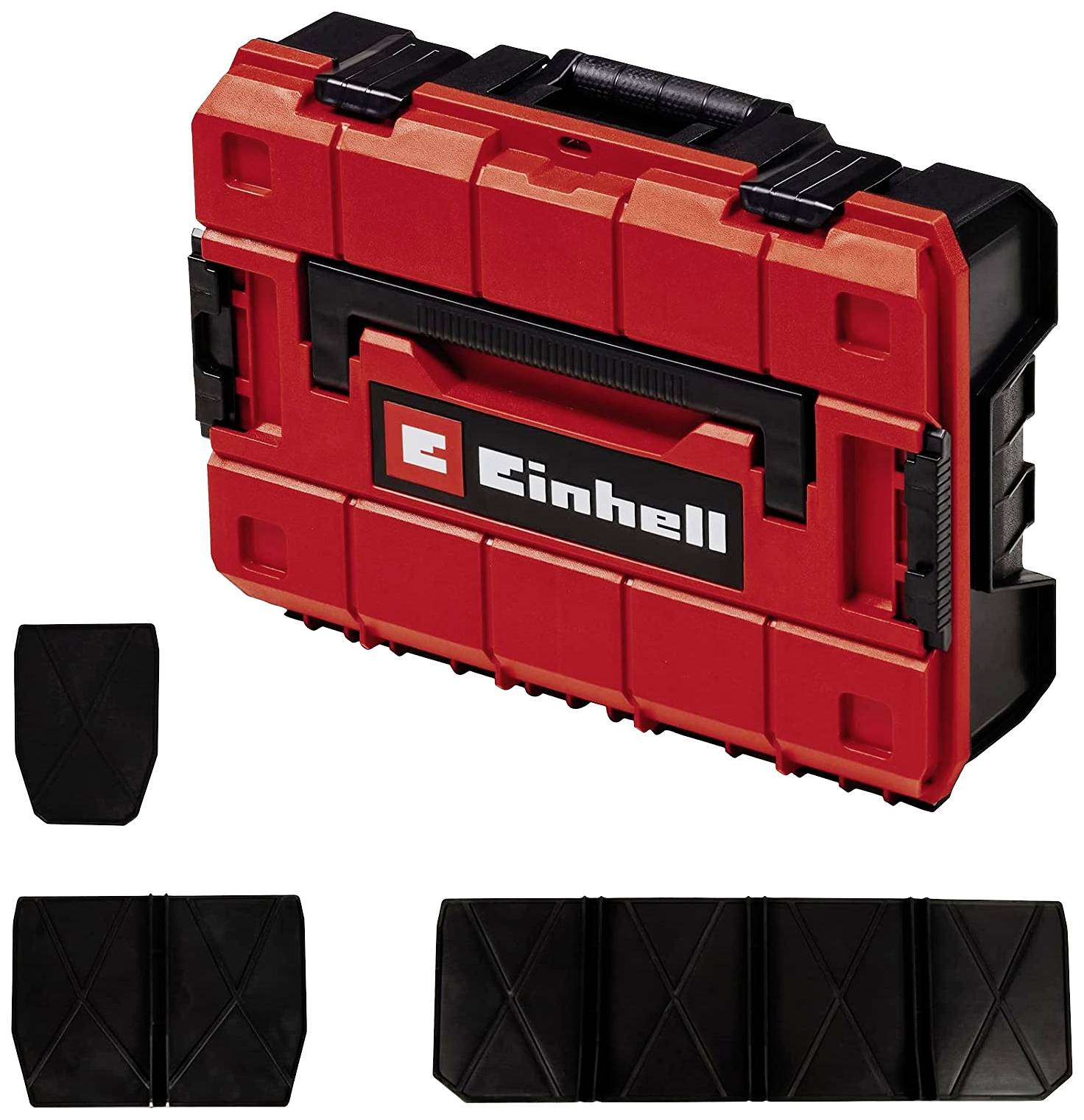 Roter Werkzeugkoffer mit Einhell-Logo, umgeben von drei schwarzen, rechteckigen Halterungen.