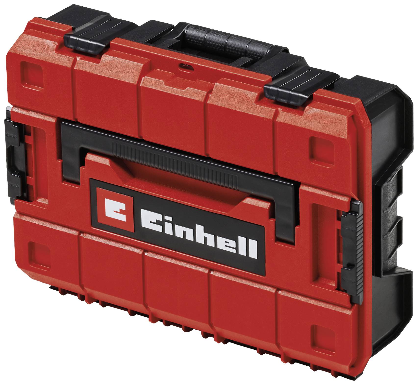 Roter Werkzeugkoffer mit dem Logo 'Einhell' auf der Vorderseite. Geeignet zum sicheren Transport und zur Aufbewahrung von Werkzeugen.
