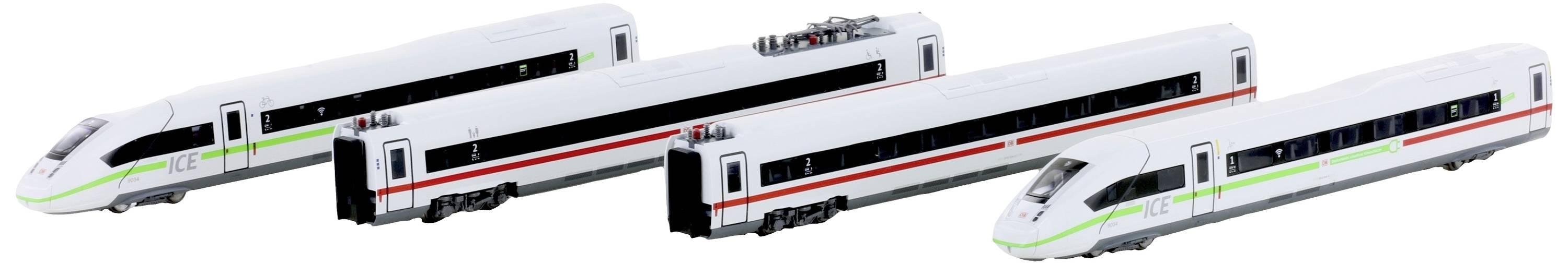 Vier weiße Modellzüge mit grünen und roten Streifen nebeneinander. Sie repräsentieren Hochgeschwindigkeitszüge.