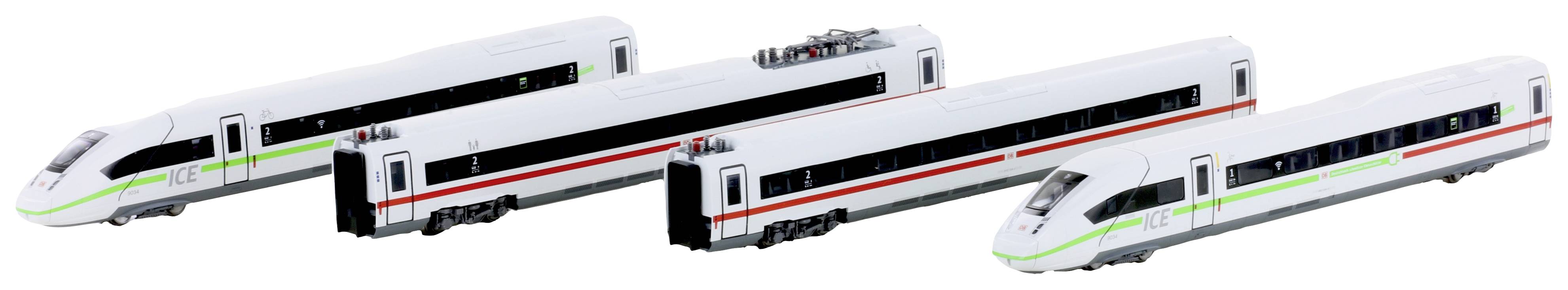 Vier weiße Zugmodelle mit grünen und roten Streifen in kleinerem Maßstab nebeneinander aufgereiht, alle mit stromlinienförmigem Design.