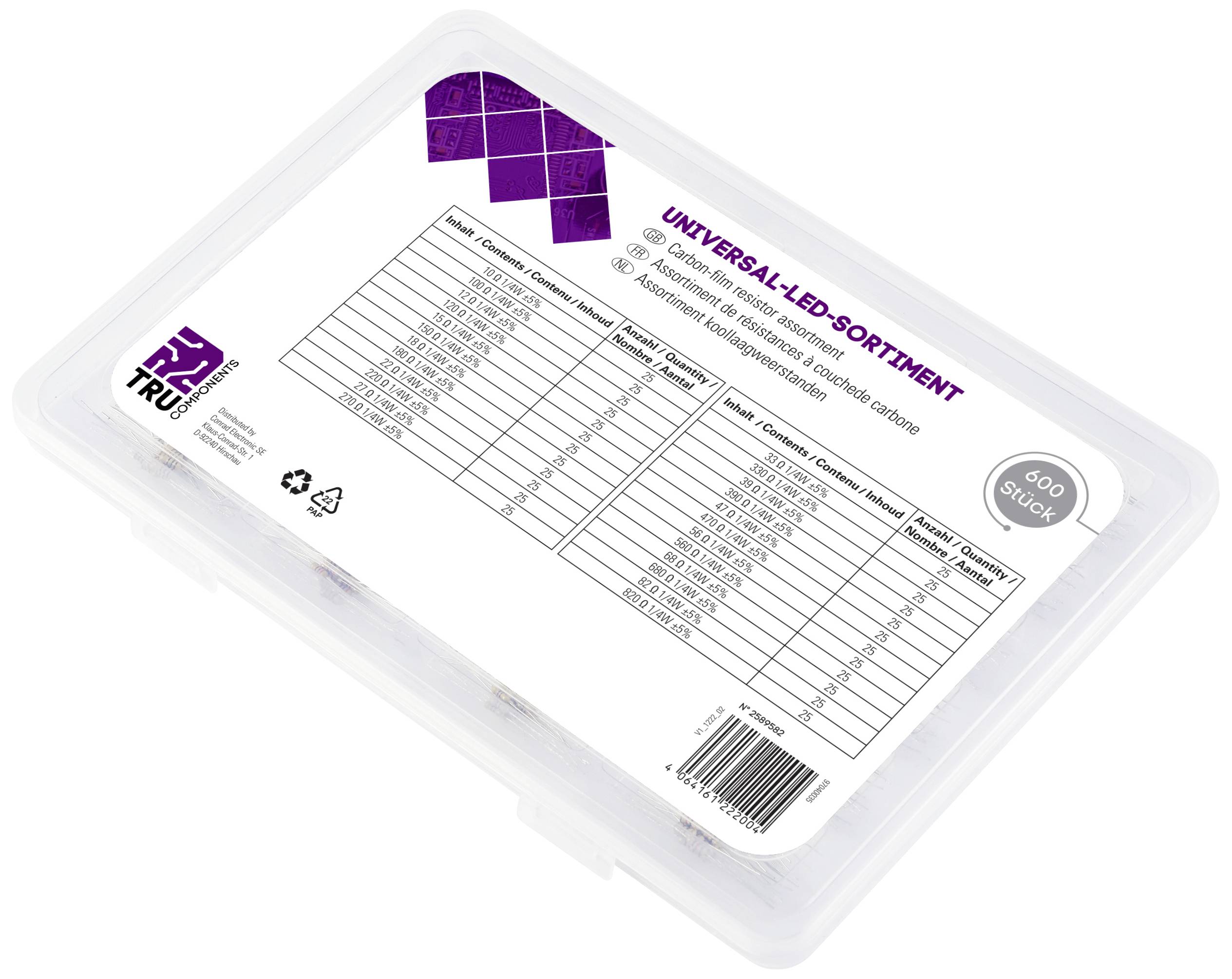Box mit 400 Universal-LEDs in verschiedenen Farben und Größen, transparent mit Tabellenübersicht auf dem Deckel.