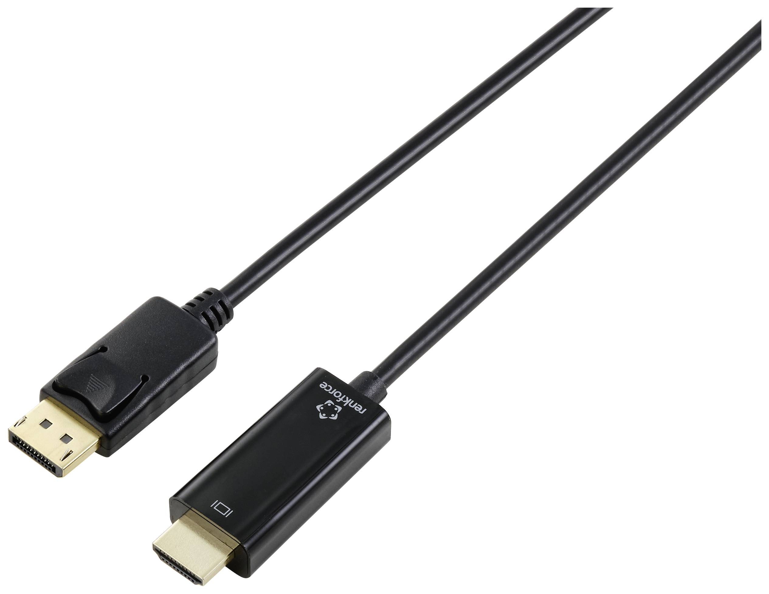 Ein schwarzes Kabel mit einem DisplayPort-Stecker auf der einen und einem HDMI-Stecker auf der anderen Seite, genutzt zur Videoverbindung.