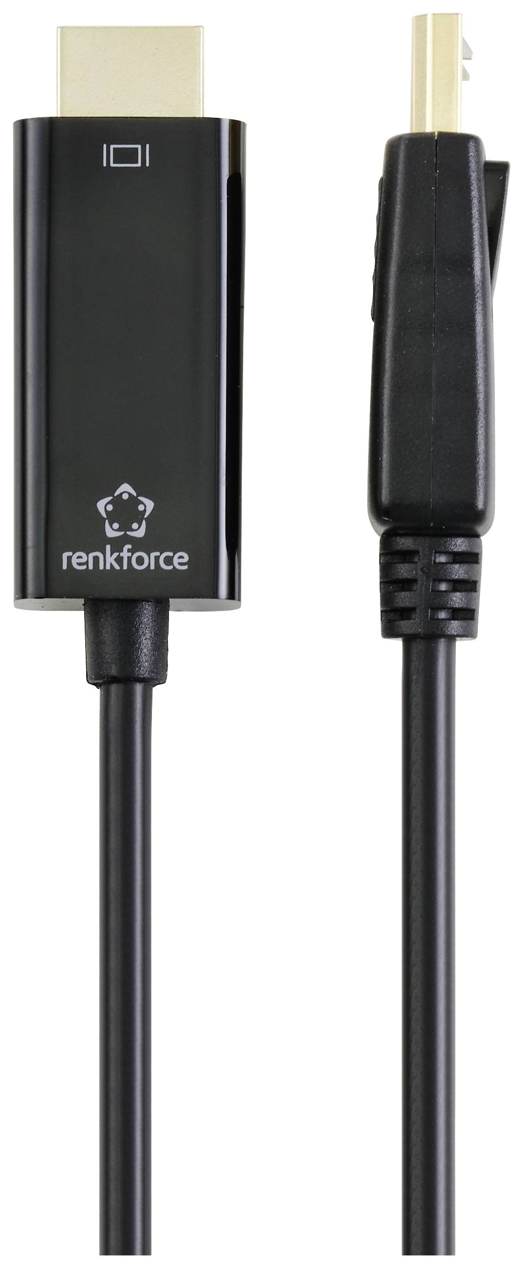 Ein schwarzes HDMI-Kabel mit einem USB-C-Stecker, Hersteller-Logo 'renkforce' sichtbar. Geeignet für Audio- und Videoübertragung.