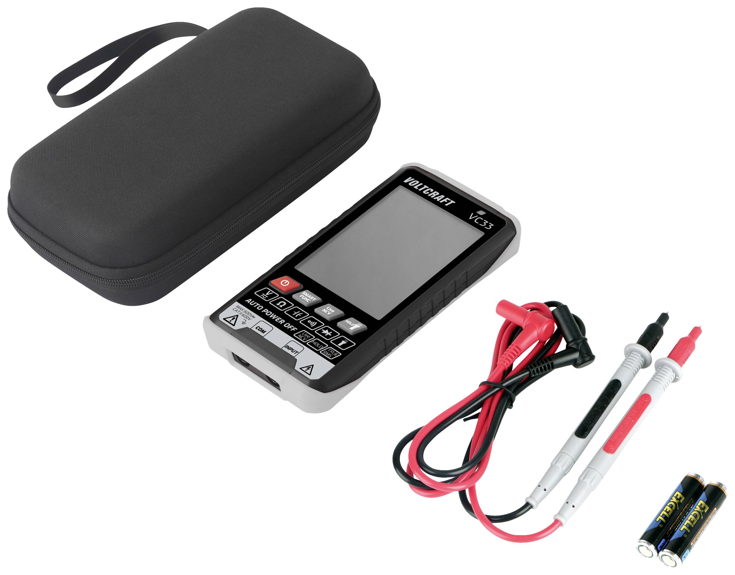 Digital-Multimeter mit Tasche, Messleitungen und Batterien. Gerät zur Messung von Spannung, Stromstärke und Widerstand.