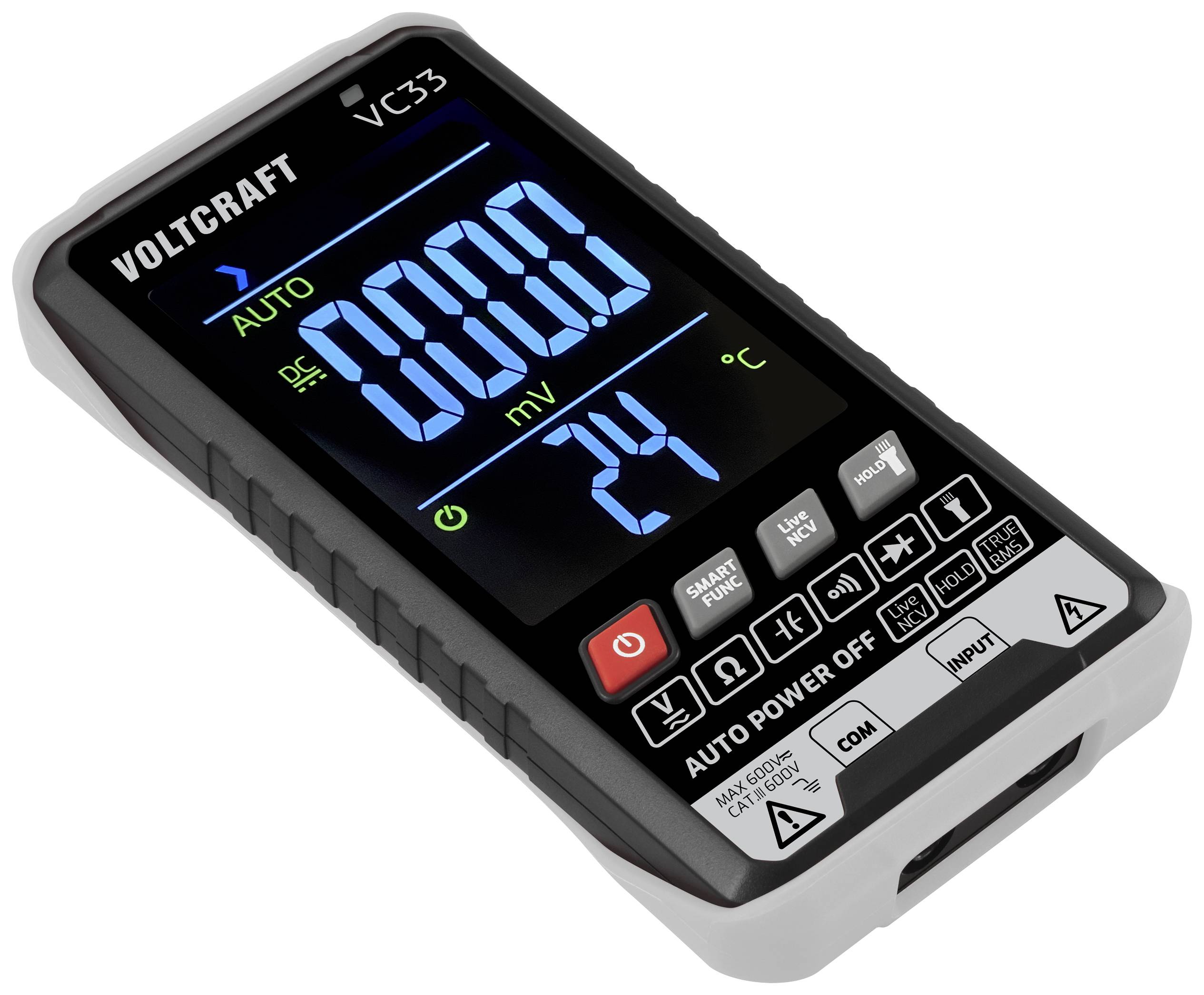 Digitales Multimeter mit großem Display zeigt Messwerte in mV und °C an. Links 