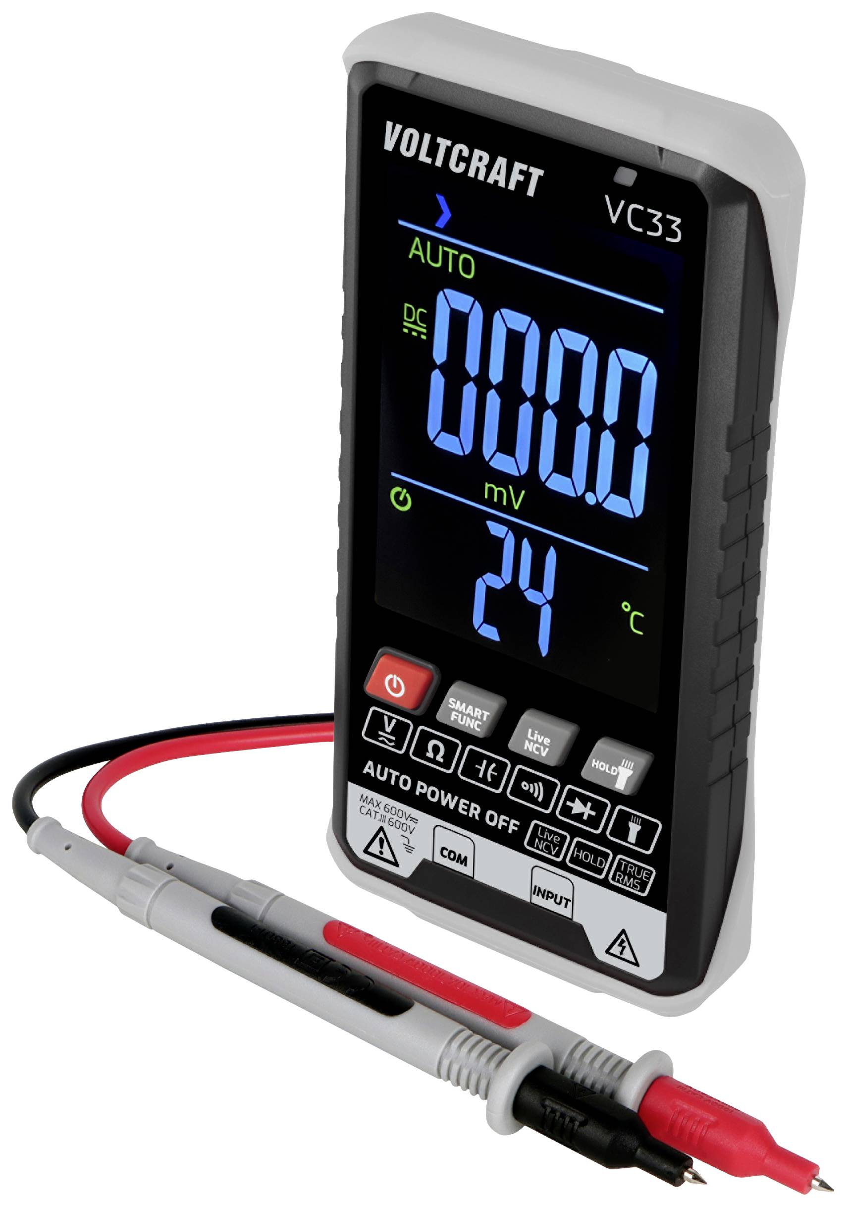Ein digitales Voltmeter zeigt '000.0 mV' an. Das Gerät ist im Auto-Modus und misst die Temperatur bei 24°C. Rote und schwarze Messleitungen sind angeschlossen.