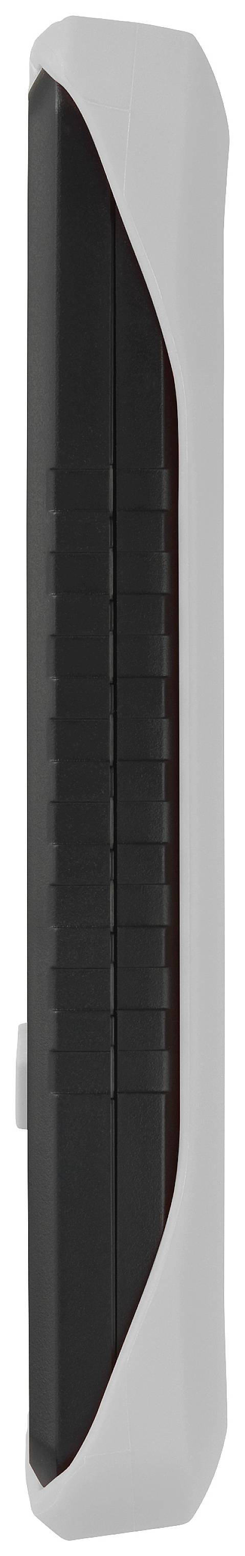 Eine Fernbedienung mit schwarzer Vorderseite und weißem Rahmen, vertikal ausgerichtet.