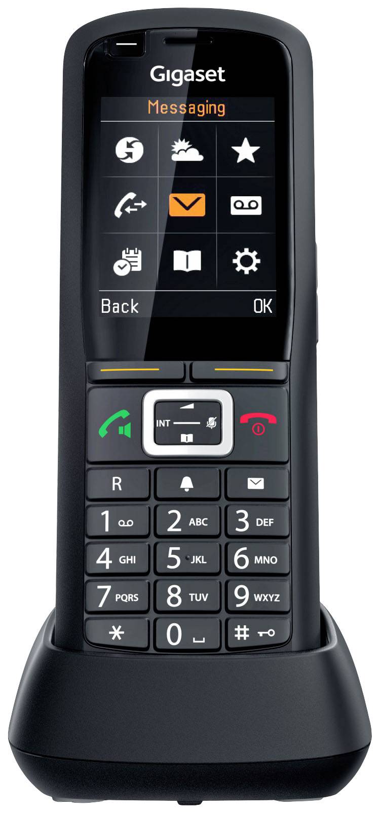 Schnurloses Telefon in einer Basisstation, zeigt Menüoptionen auf dem Display wie Nachrichten, Anrufliste und Favoriten.