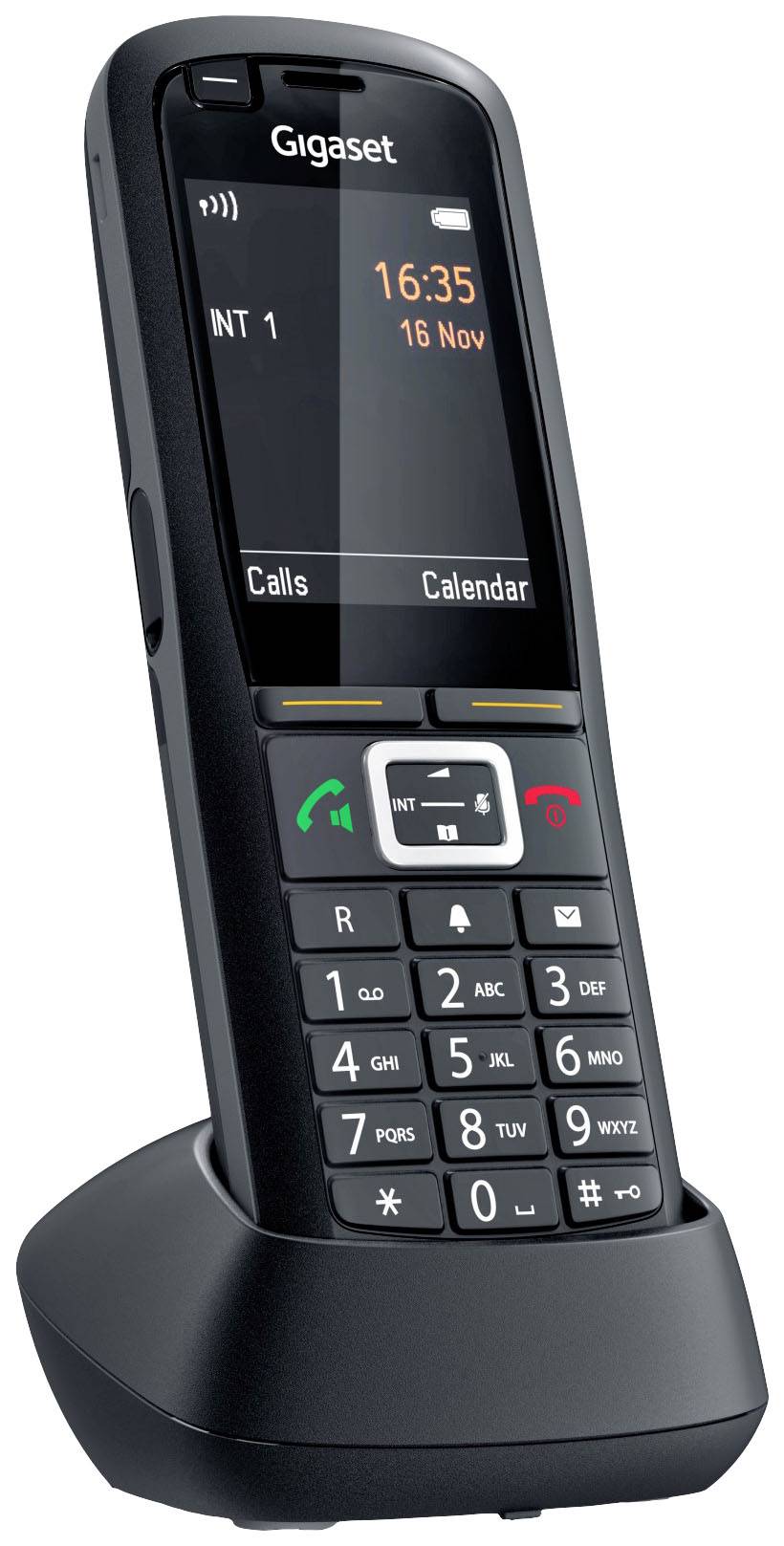 Schnurloses Telefon in der Ladestation, zeigt Uhrzeit, Datum und Menü auf dem Display. Tastenfeld mit Ziffern und Funktionstasten.