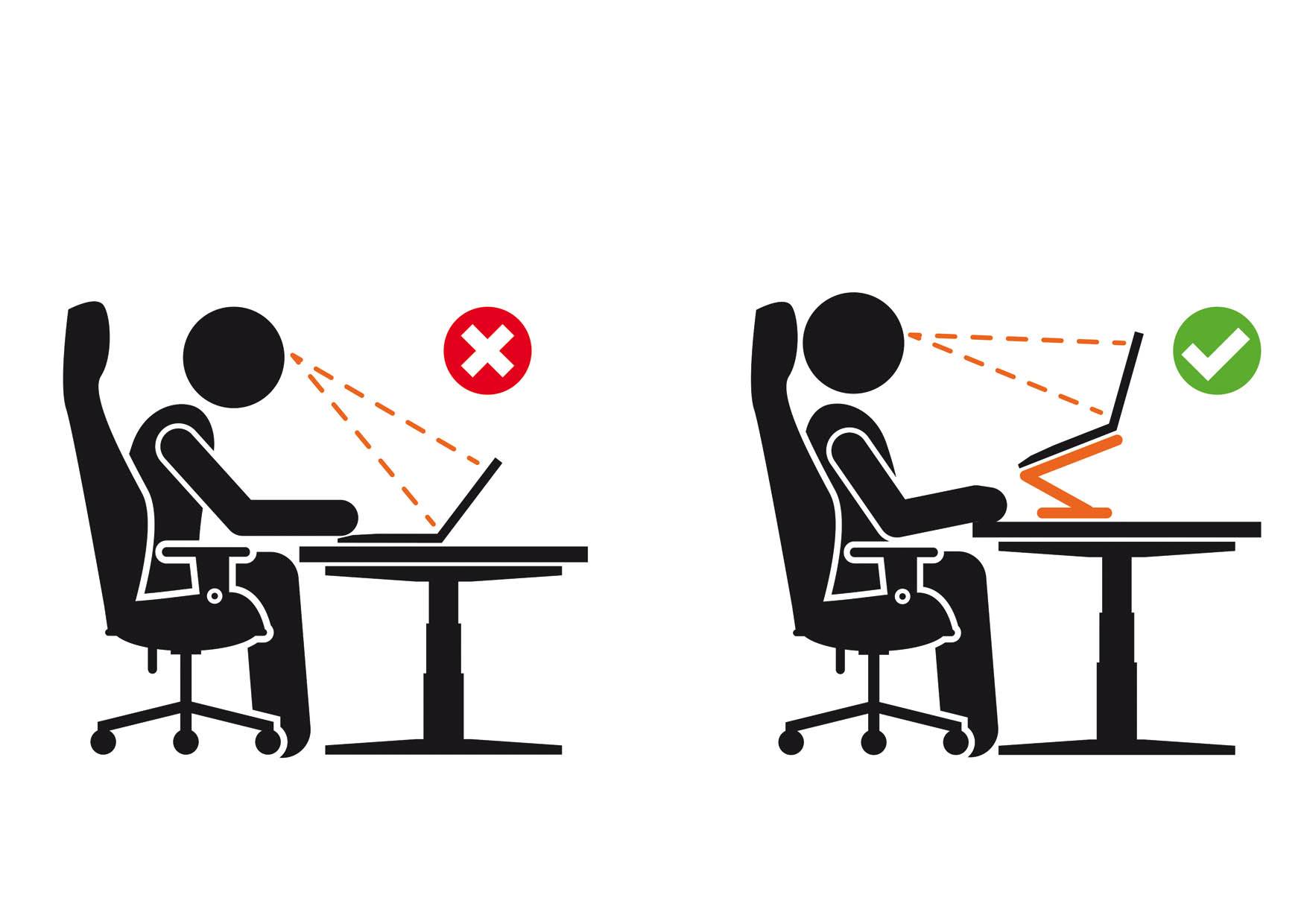 Links: falsche Sitzposition mit krummem Rücken und schlechter Bildschirmhöhe. Rechts: richtige Ergonomie mit geradem Rücken und optimaler Bildschirmhöhe.