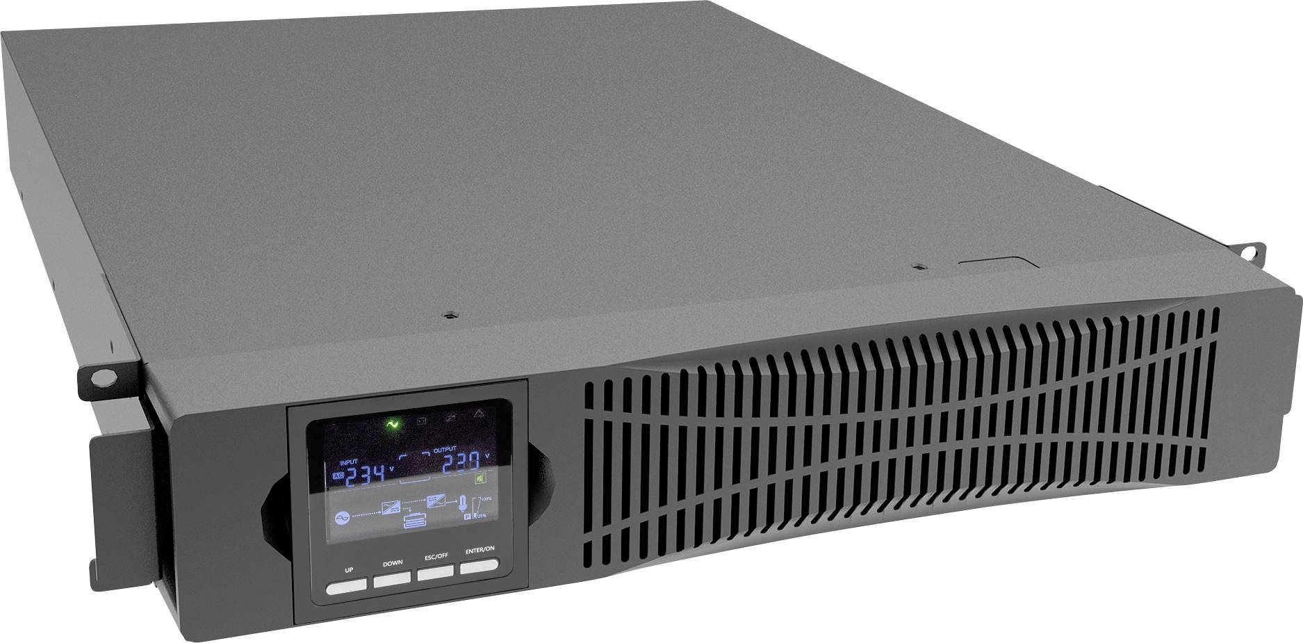 Ein schwarzes Rackmount-Gerät mit digitalem Display und Bedienknöpfen, oft in Rechenzentren zur Energiesteuerung verwendet.