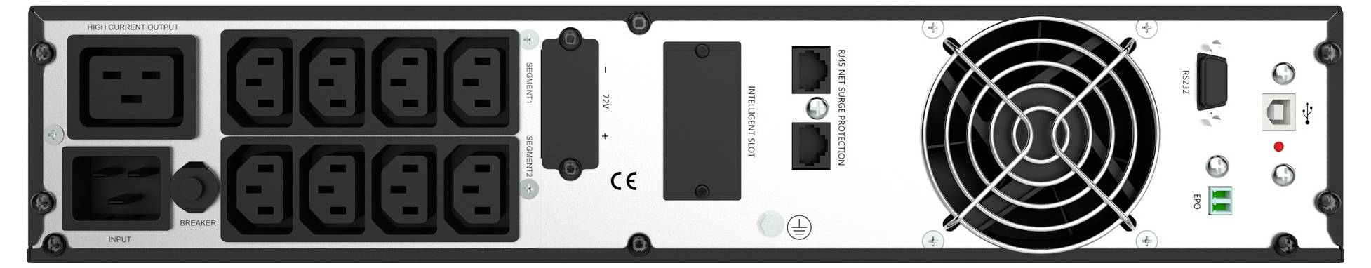 Die Rückseite eines Rackmount-Stromverteilers mit mehreren Steckdosen, Lüfter, Schaltern und einem CE-Kennzeichen.