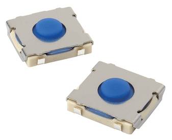 Zwei blaue Taktile Taster mit metallischer Fassung, häufig verwendet in elektronischen Geräten zur Bedienungssteuerung.