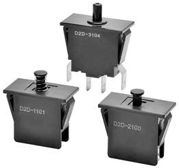 Drei schwarze Mikroschalter mit den Aufdrucken 'D2D-1101', 'D2D-3104' und 'D2D-2100', jeweils in verschiedenen Positionen dargestellt.