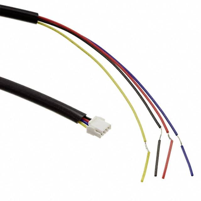 Mehradriges Kabel mit weißem Anschlussstecker und fünf freigelegten, farbcodierten Drähten: schwarz, blau, rot, gelb und weiß.