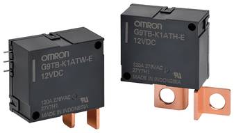 Zwei schwarze Omron-Relais mit Kupferanschlüssen, gekennzeichnet als 'G9TB-K1ATW-E 12VDC' und 'G9TB-K1ATH-E 12VDC', beide aus Indonesien.