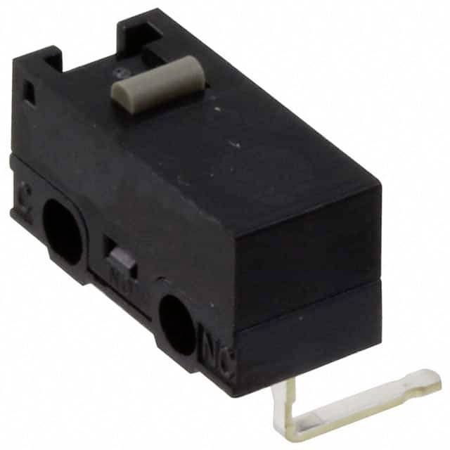 Schwarz-grauer Mikroschalter mit zwei Anschlüssen, verwendet zur Steuerung elektrischer Signale in kleinen Geräten oder Maschinen.