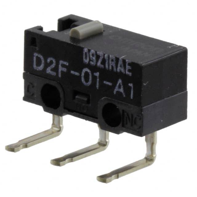 Schwarzer Mikroschalter mit drei Metallpins und der Aufschrift 'D2F-01-A1'. Links ist 'NO' markiert, rechts 'NC'.