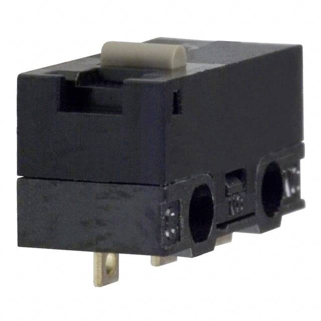 Schwarzer Mikroschalter mit zwei Pins und einem weißen Hebel oben. Verwenden in elektronischen Geräten zur Steuerung von Schaltvorgängen.