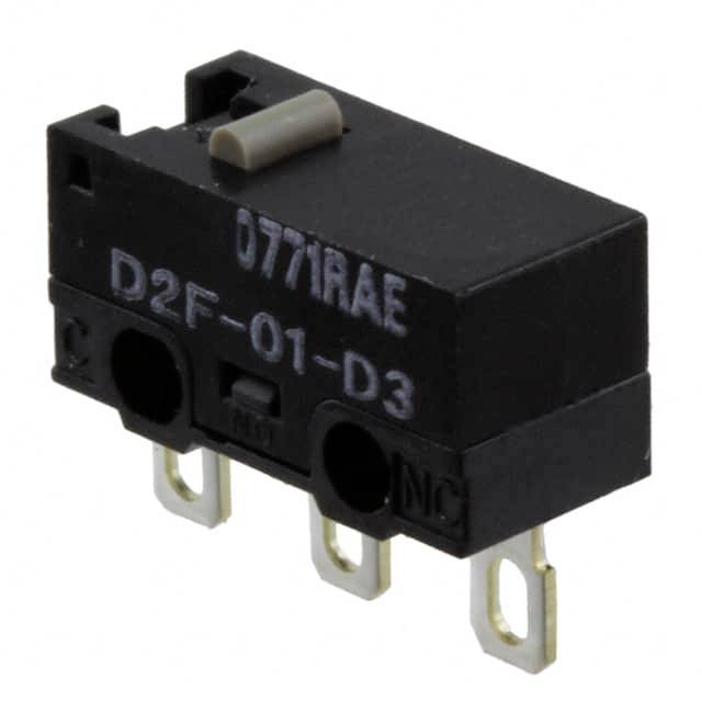 Schwarzer Mikroschalter mit drei goldfarbenen Pins und der Aufschrift 'D2F-01-D3'.
