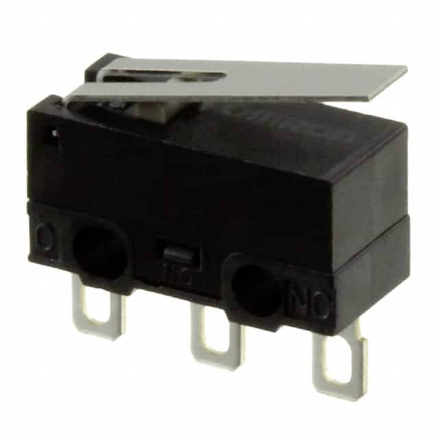 Schwarzer Mikroschalter mit drei Metallanschlüssen und einem Hebel. Geeignet für elektronische Geräte zur Steuerung von Schaltkreisen.