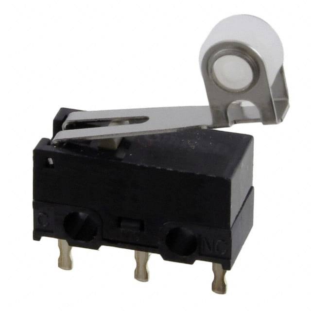 Schwarzer Mikroschalter mit Hebel, Metallarm und weißer Rolle, geeignet für verschiedene elektronische Anwendungen.