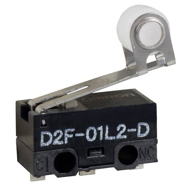 Ein Mikroschalter mit Hebel, Modellnummer 'D2F-01L2-D', schwarz mit zwei Anschlüssen und einer weißen, runden Taste oben.